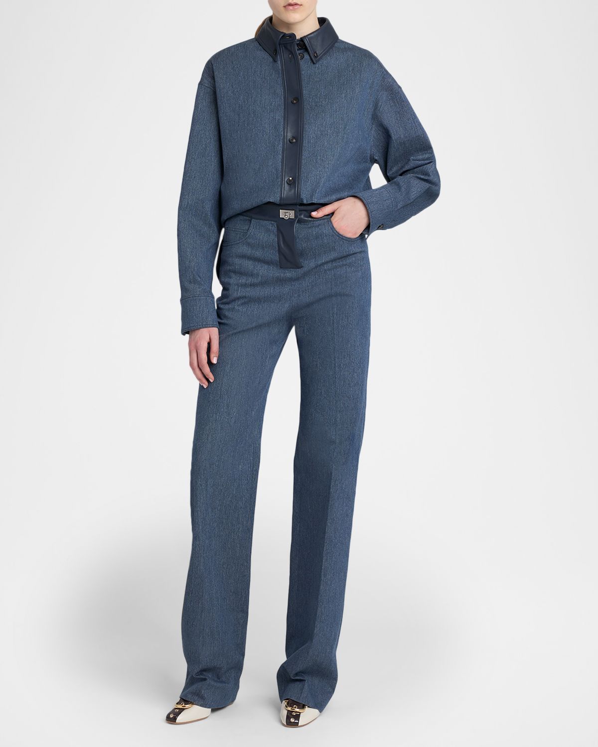 Ferragamo Leather-Trim Straight-Leg Denim Jeans