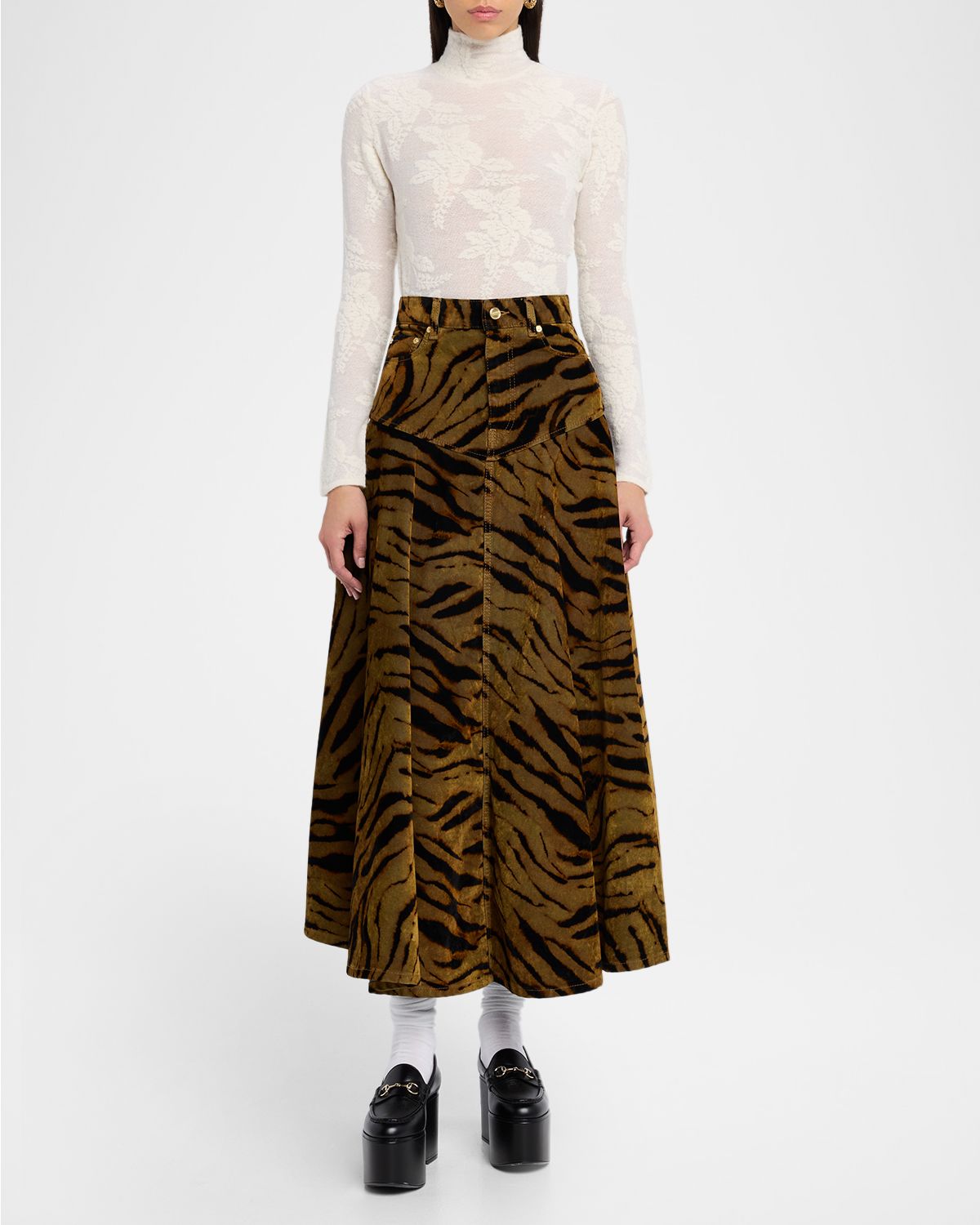 Ganni Tiger-Print Denim maxi Skirt