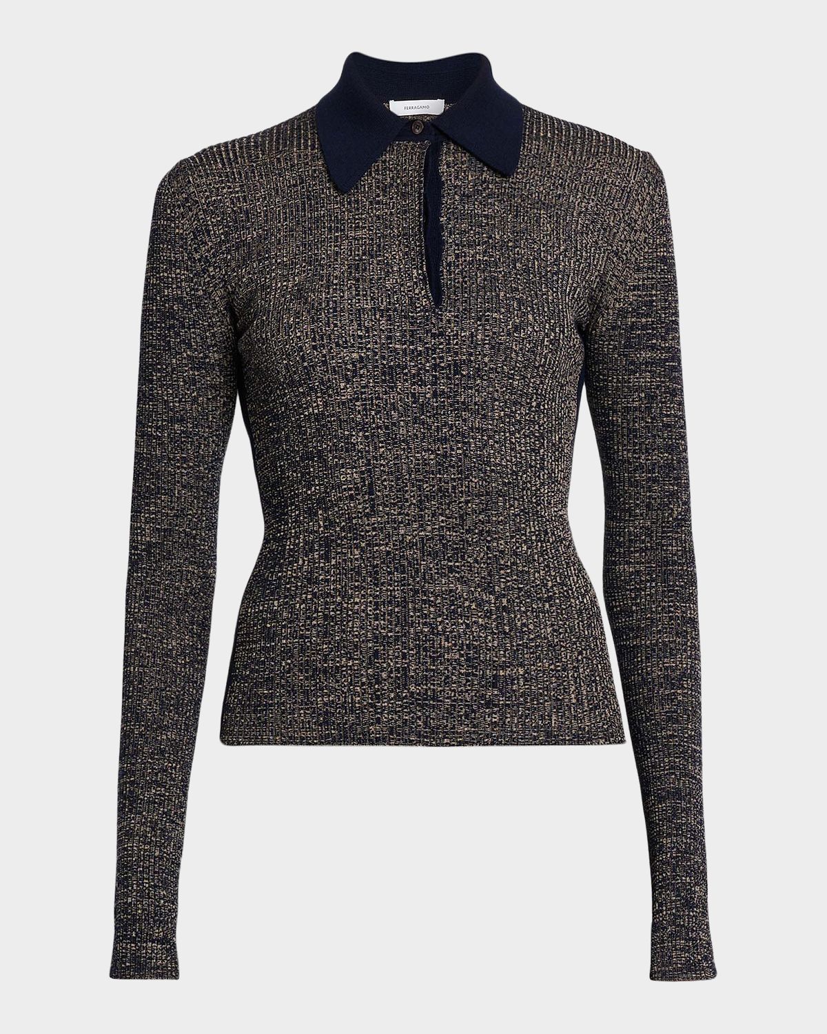 Ferragamo Linen Rib Long-Sleeve Polo Sweater