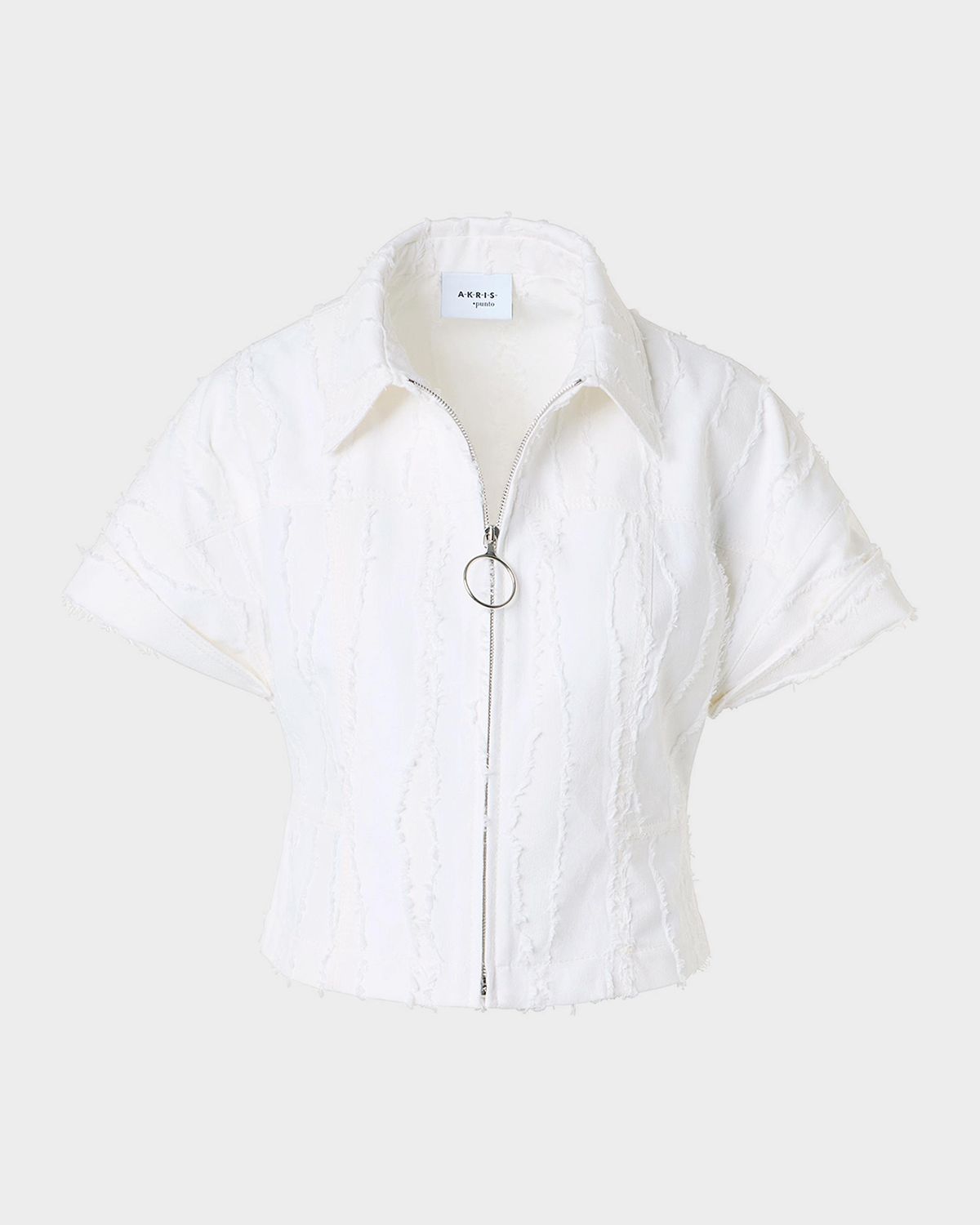 Akris punto Fringed Denim Short-Sleeve Crop Zip Jacket