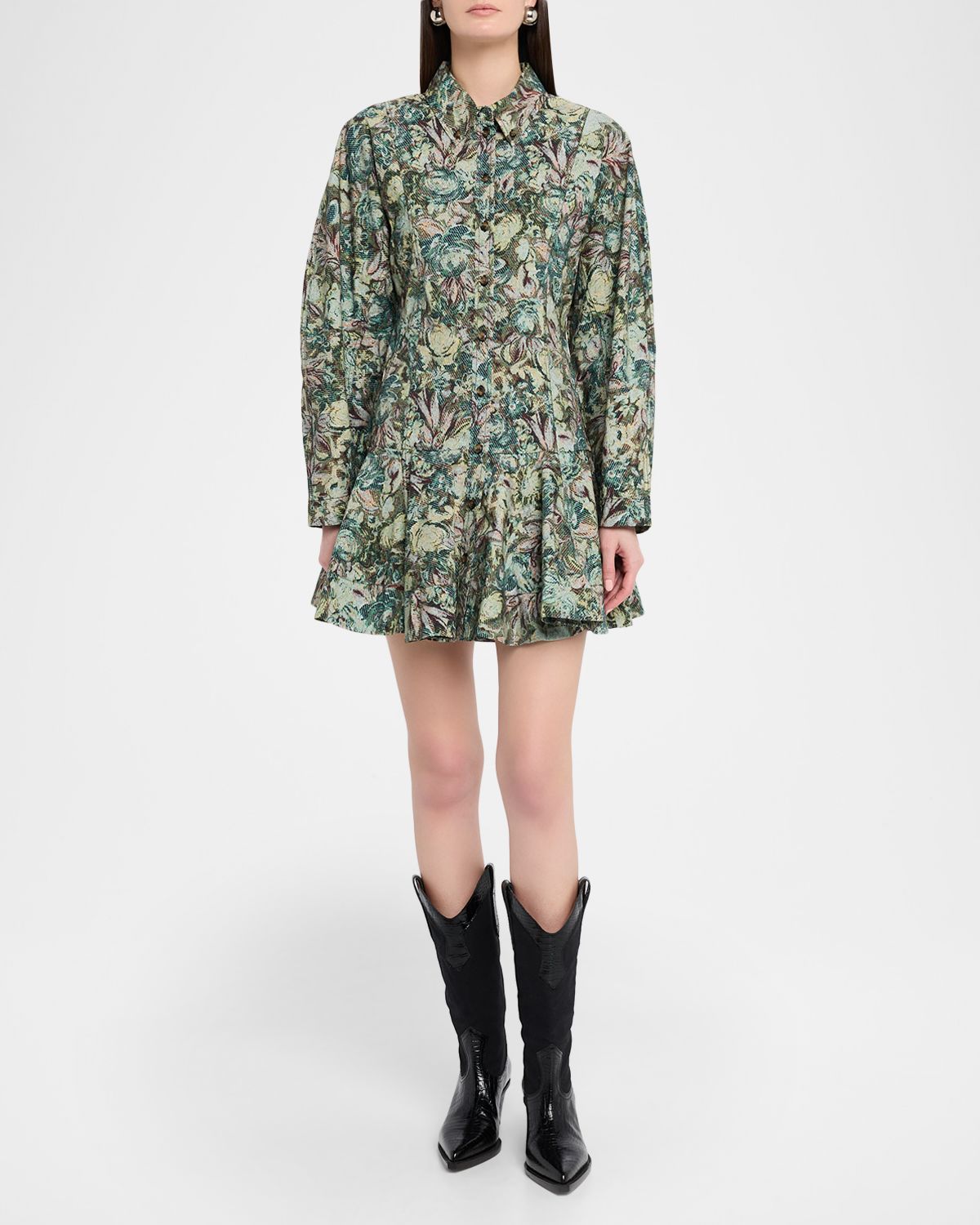 Ganni Long-Sleeve Tapestry Floral Mini Dress