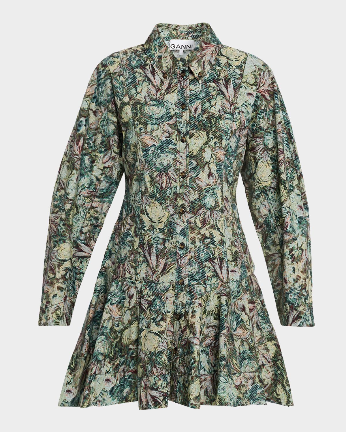 Ganni Long-Sleeve Tapestry Floral Mini Dress