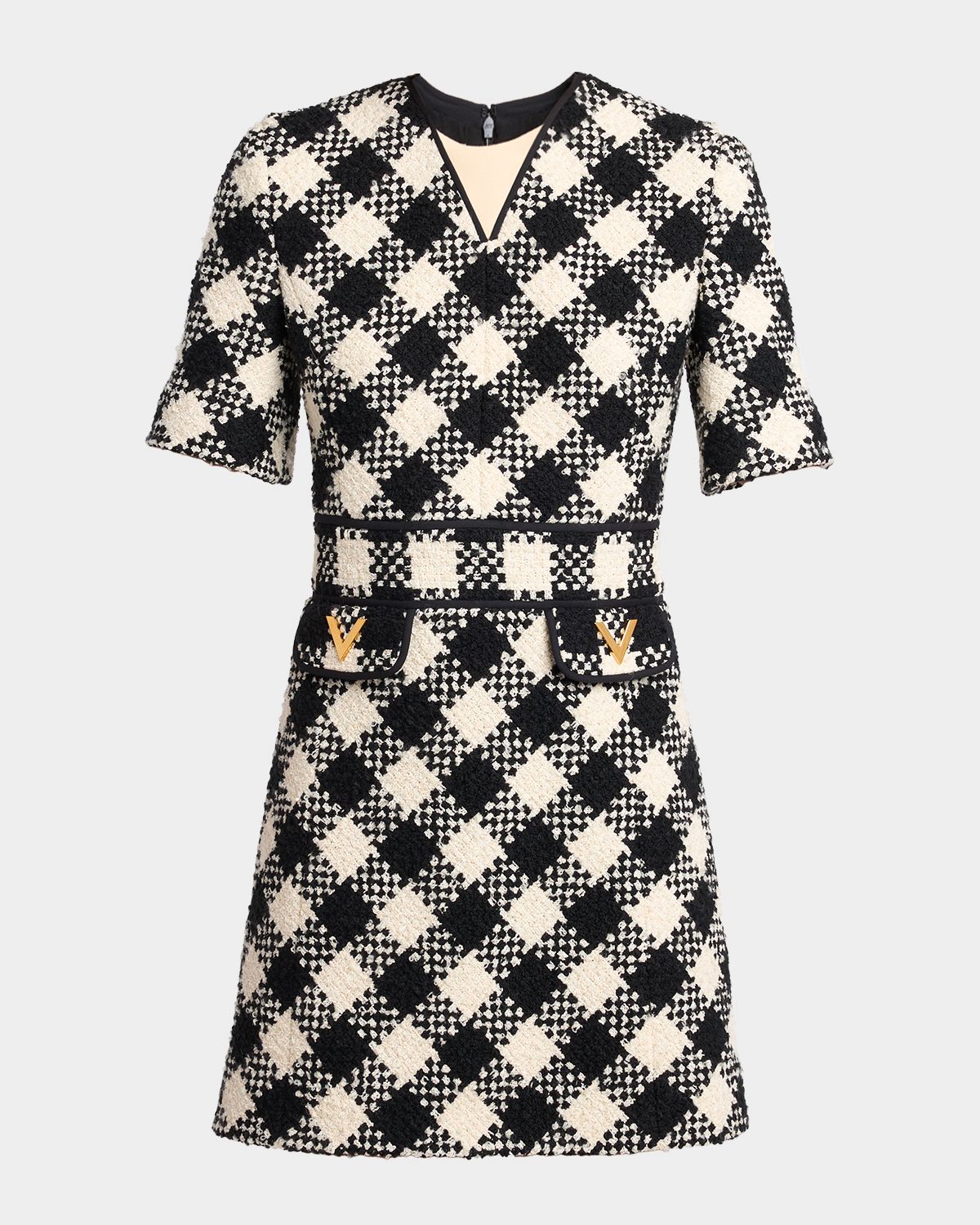 Valentino Garavani V-Logo Check Tweed Short-Sleeve Mini Dress