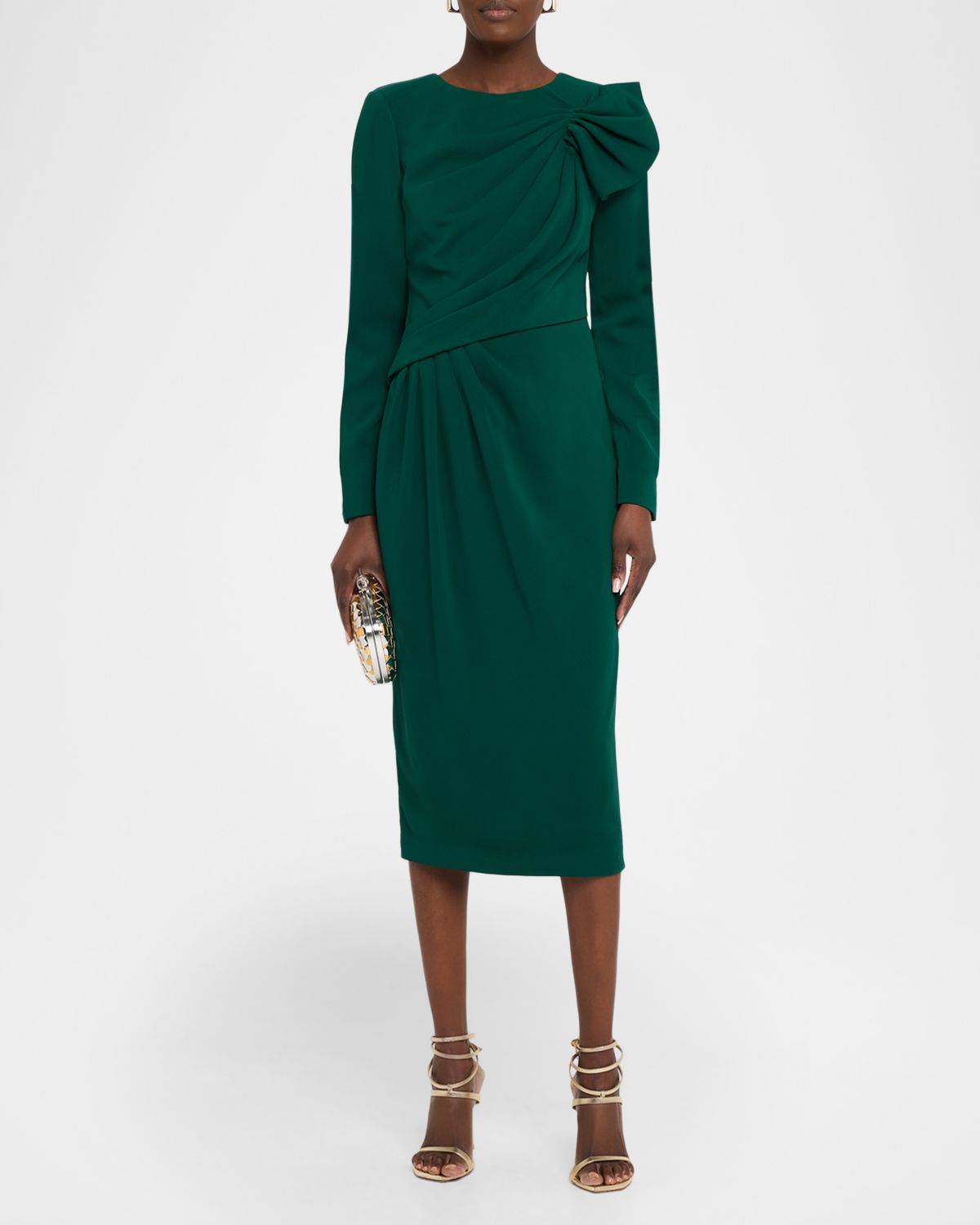 Badgley Mischka Long-Sleeve Draped Midi Dress