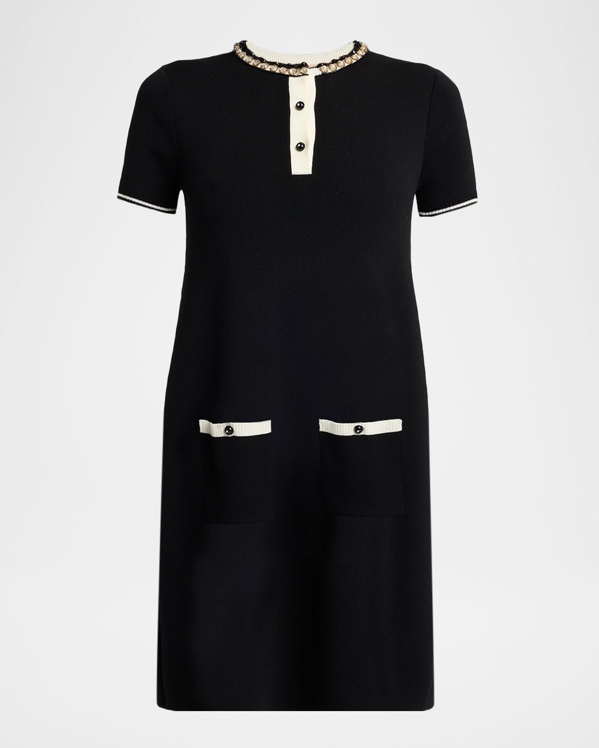 Valentino Garavani Crystal Henley Short-Sleeve Mini Sweater Dress