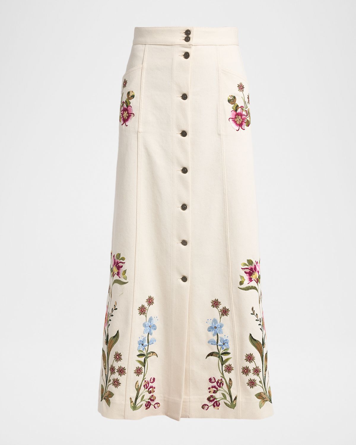 Valentino Garavani Floral Embroidered Denim Button-Front Maxi Skirt