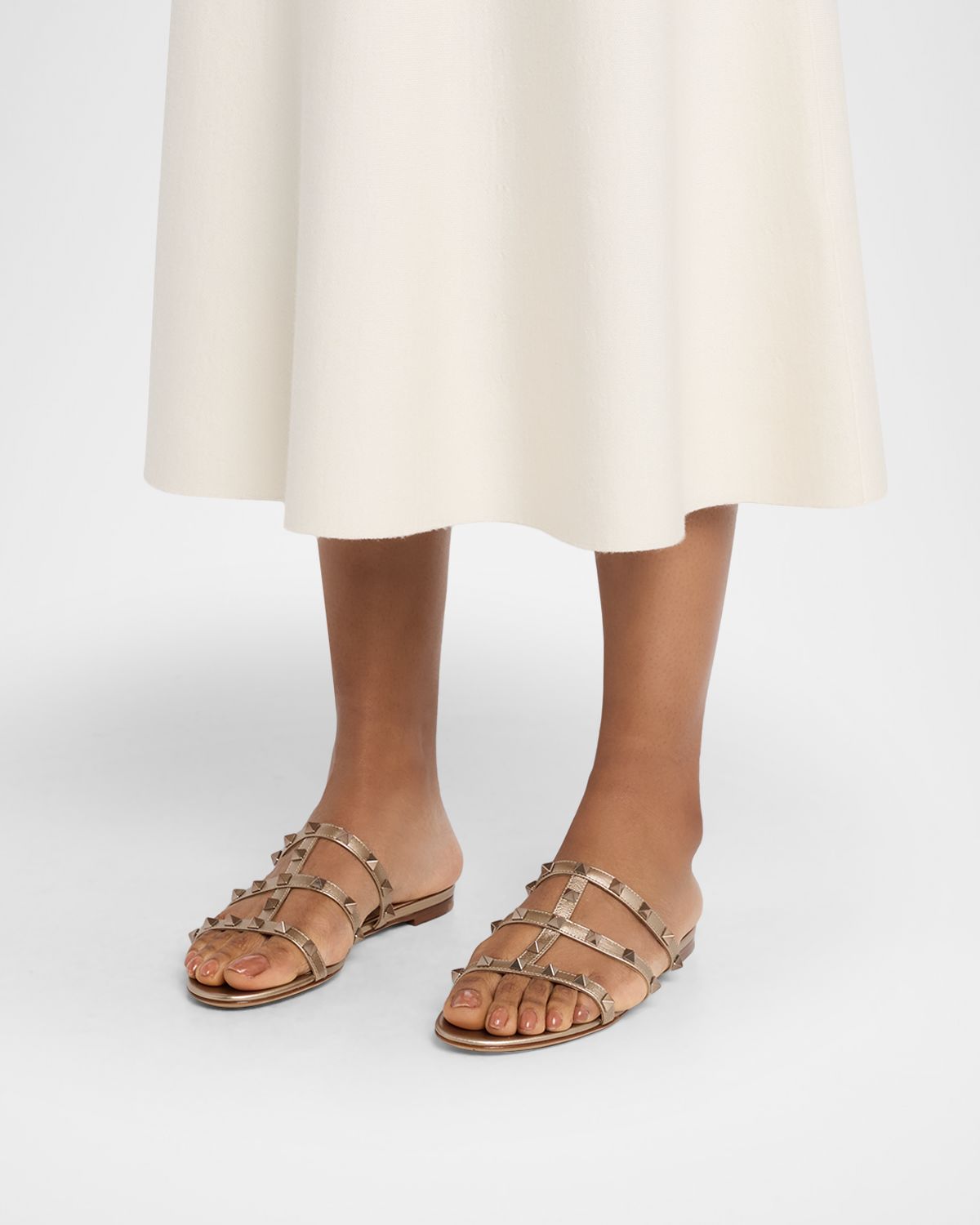 Valentino Garavani 5mm Rockstud Metallic Leather Flat Slide Sandals