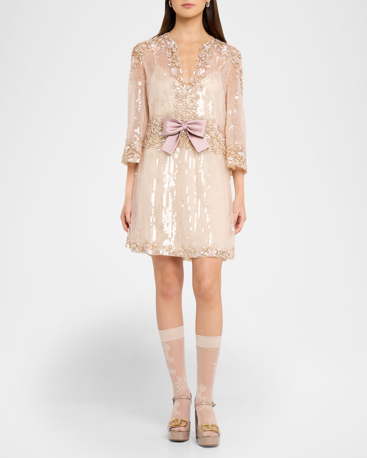 Valentino Garavani Bow-Front Long-Sleeve Sequined Tulle Mini Dress
