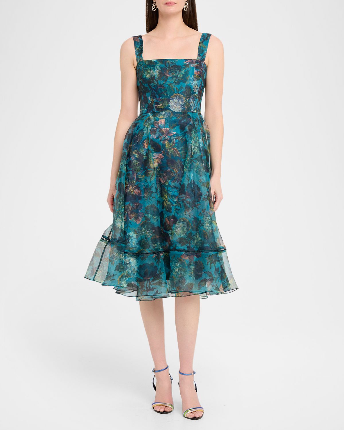 Theia Anissa Floral-Print Organza Midi Dress