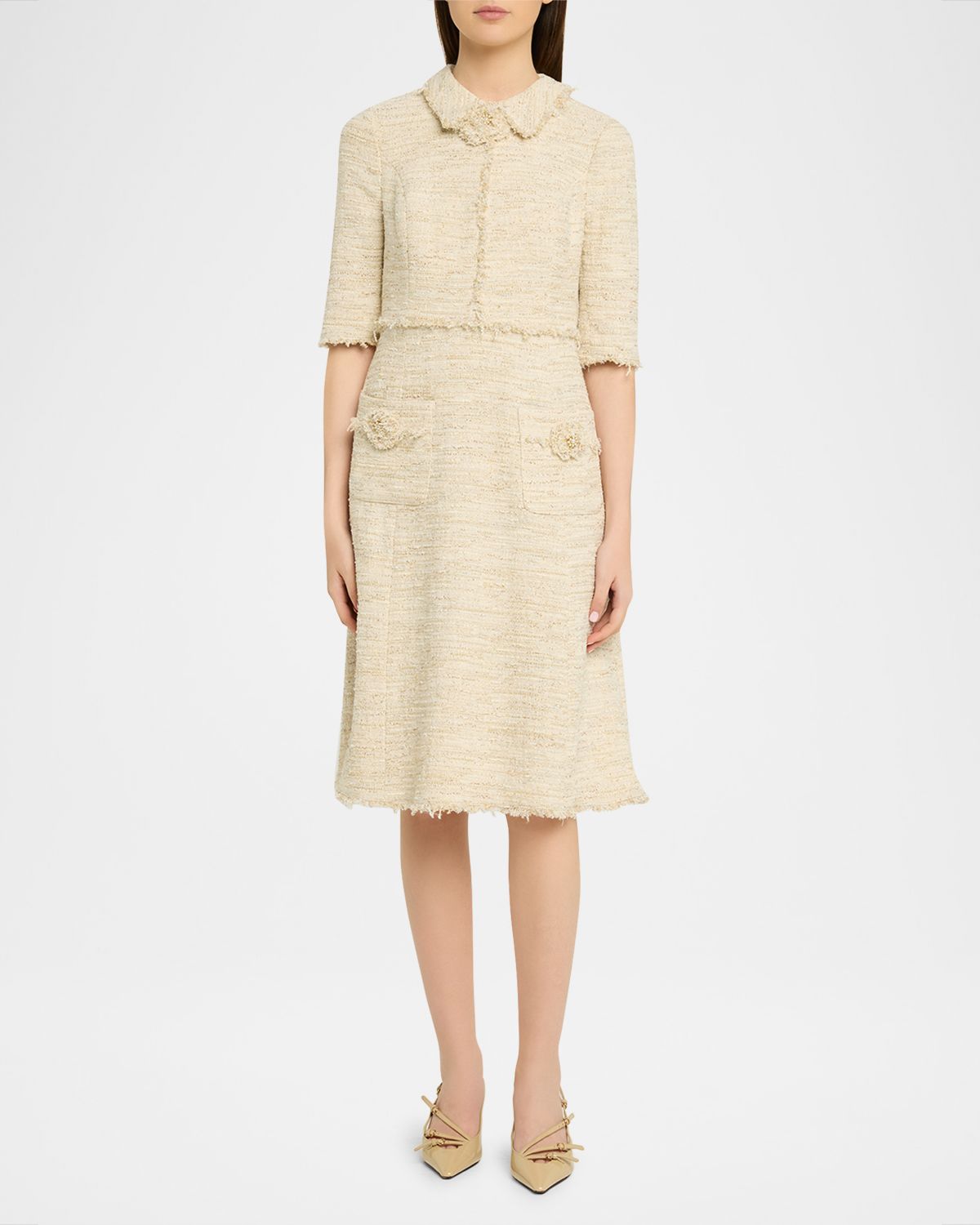 Rickie Freeman for Teri Jon Fringe-Trim Metallic Tweed Dress