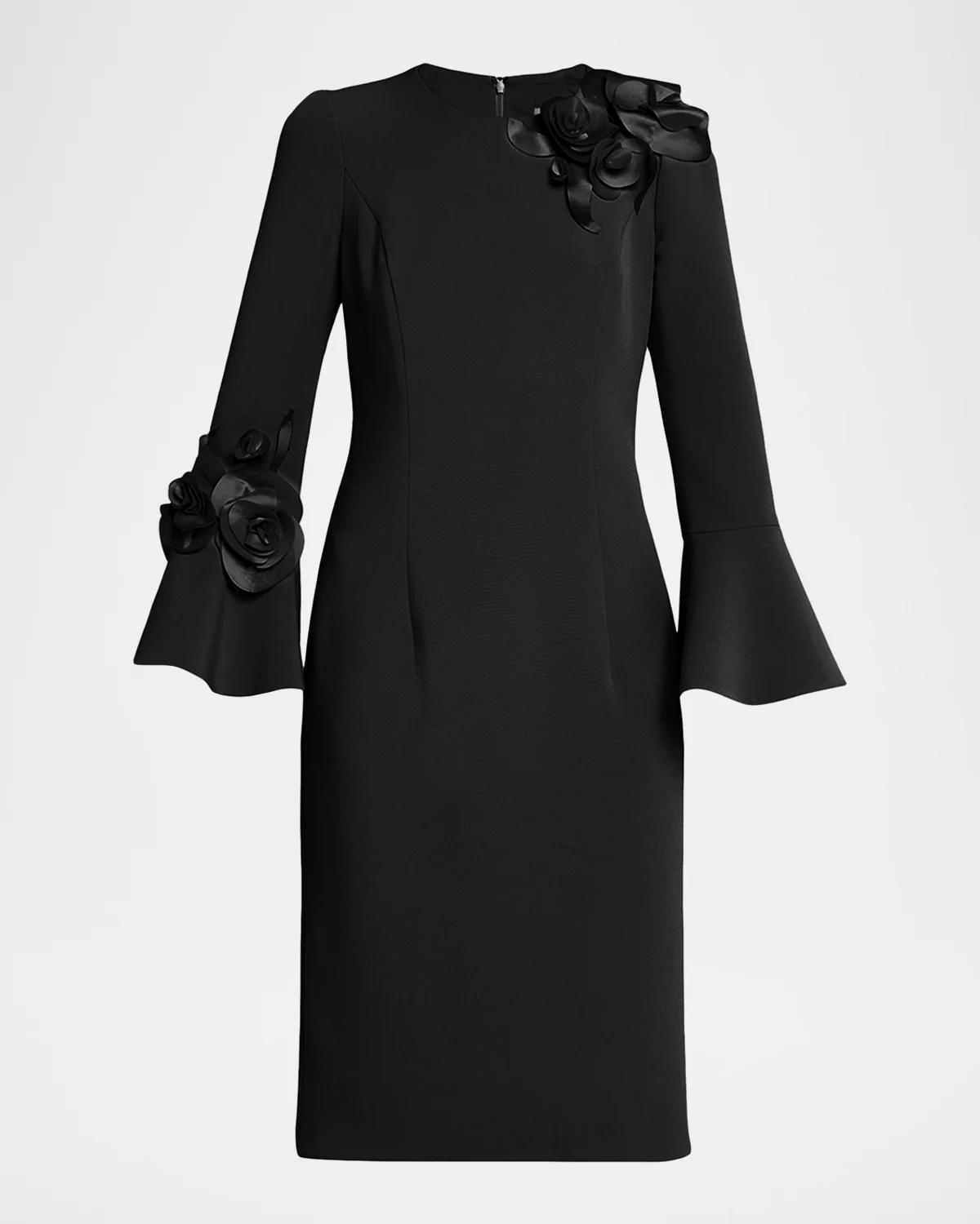 Floral Applique Flare-Cuff Crepe Dress Floral Applique Flare-Cuff Crepe Dress