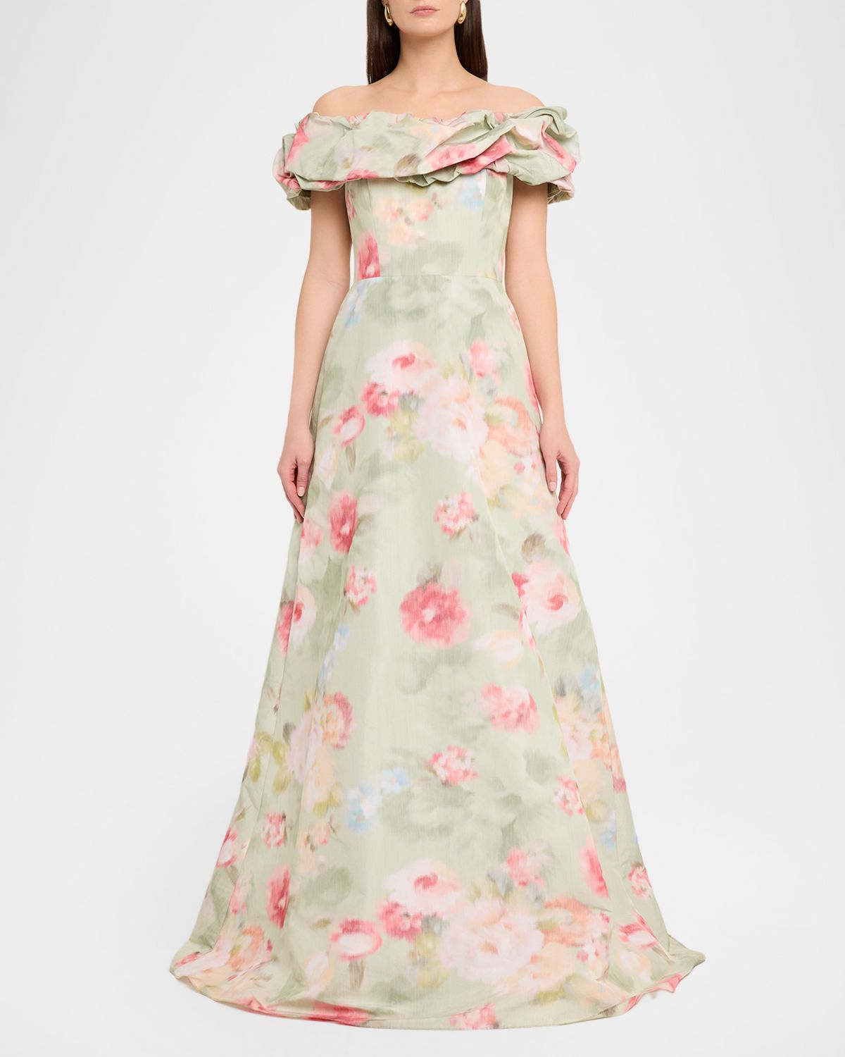 Rickie Freeman for Teri Jon Off-Shoulder Floral Taffeta Gown
