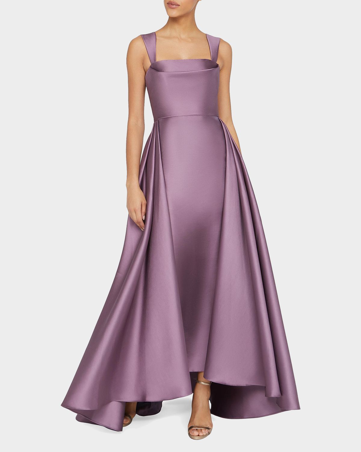 Theia Zendaya Pleated High-Low Satin Gown
