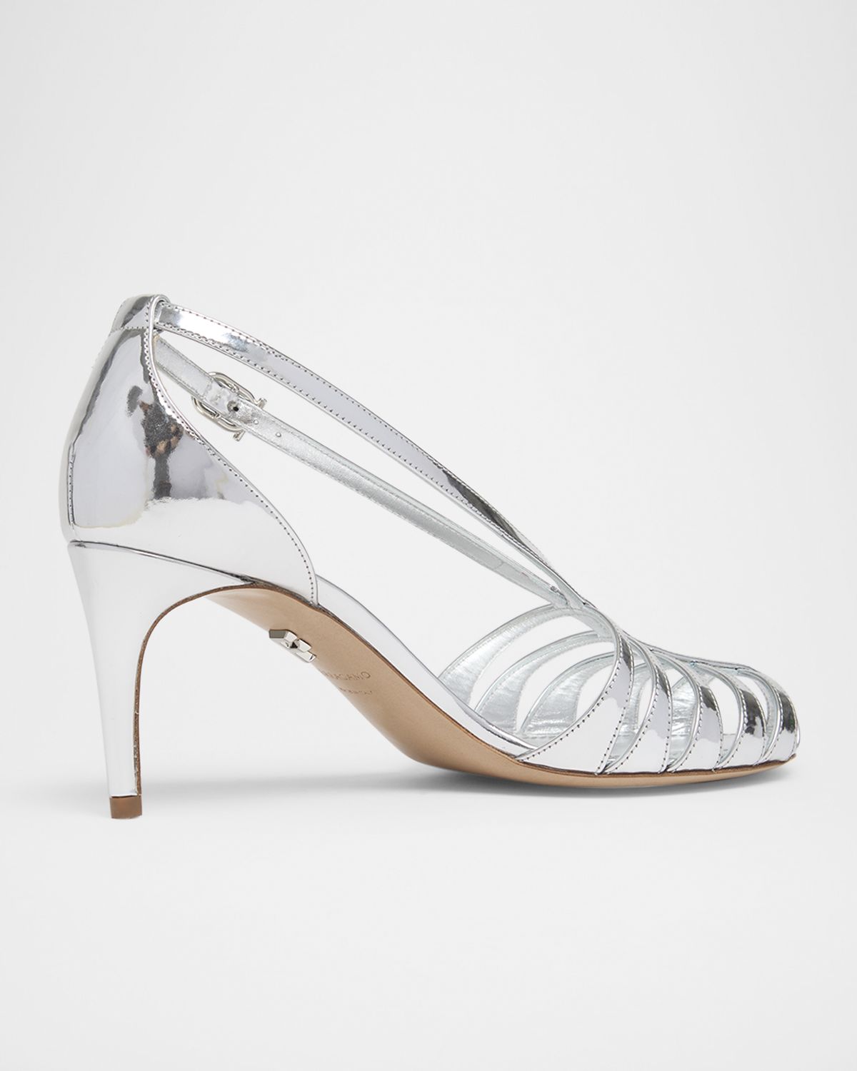 Ferragamo 70mm Lilie Metallic Patent Leather Caged Pumps