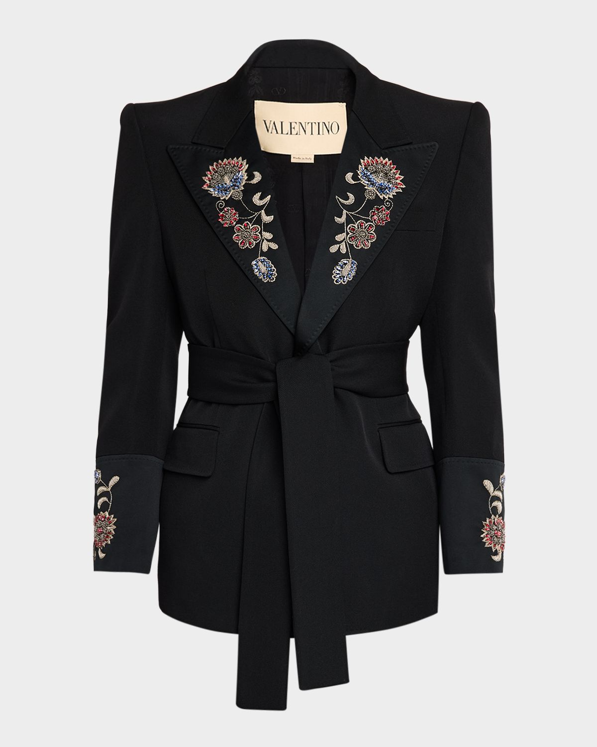 Valentino Garavani Men 's Embroidered Grain De Poudre Wool Belted Jacket