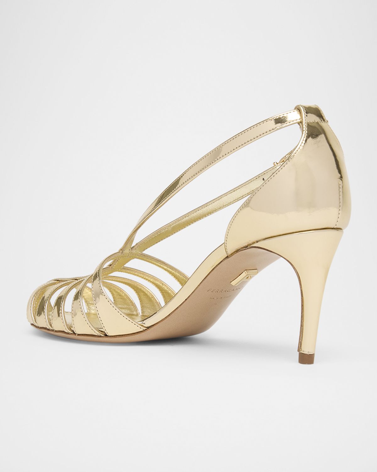 Ferragamo 70mm Lilie Metallic Patent Leather Caged Pumps