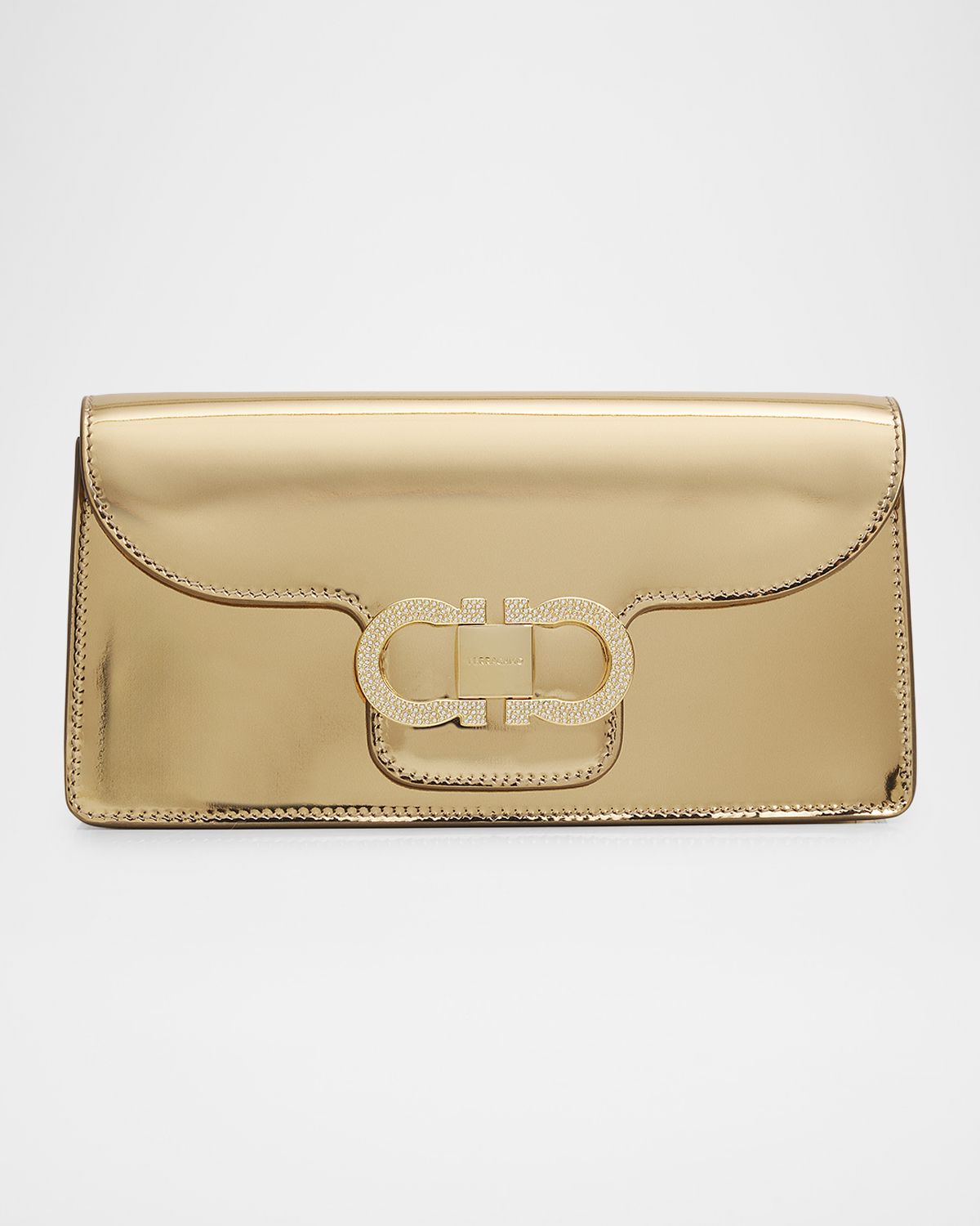 Ferragamo Laminated Leather Rhinestone Gancini Clutch Bag