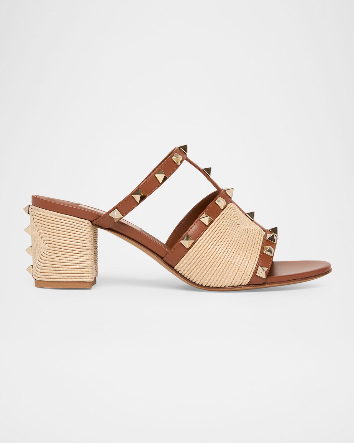 Valentino Garavani 60mm Rockstud Raffia Block-Heel Slide Sandals