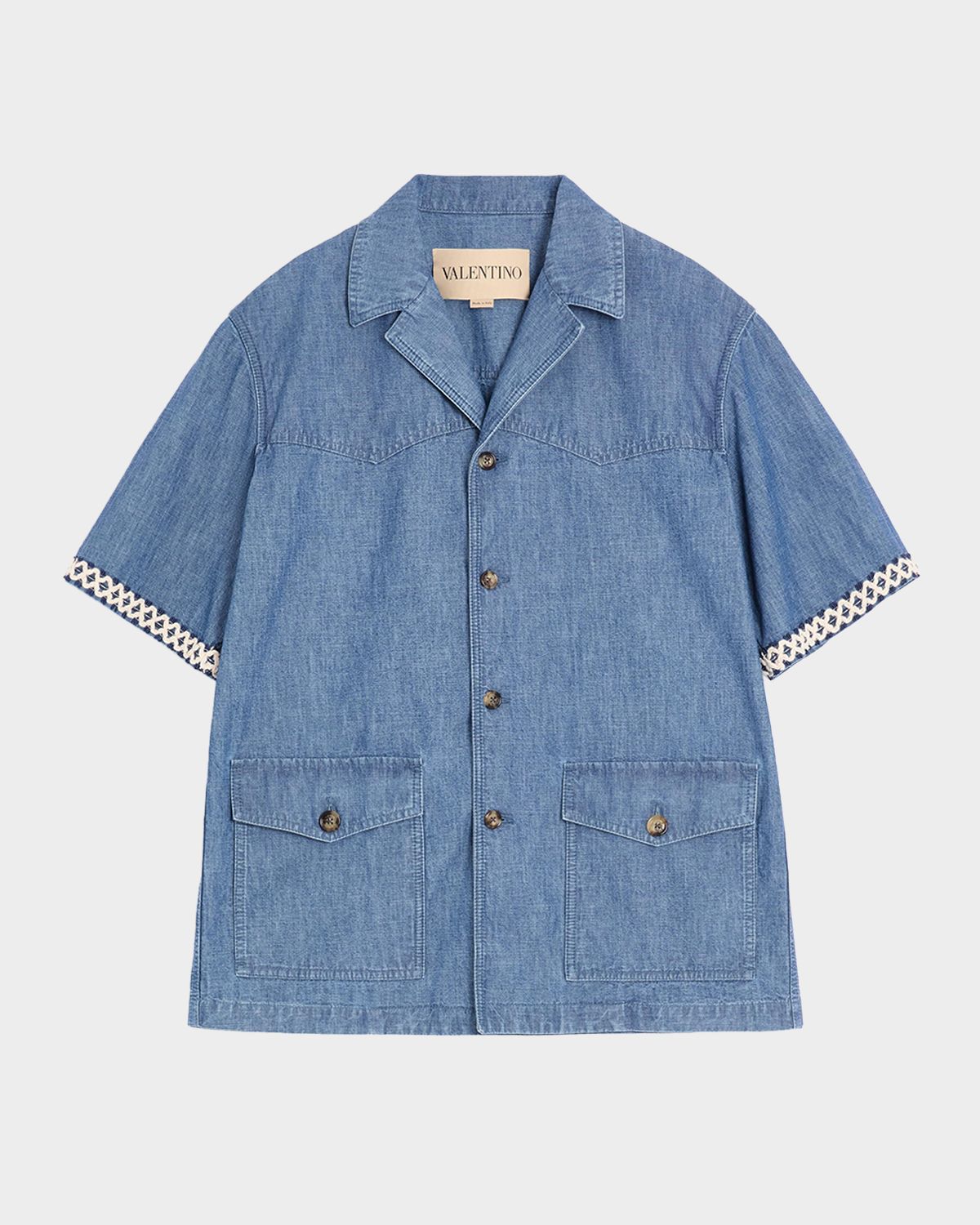 Valentino Garavani Men 's Denim Embroidered-Trim Short-Sleeve Shirt
