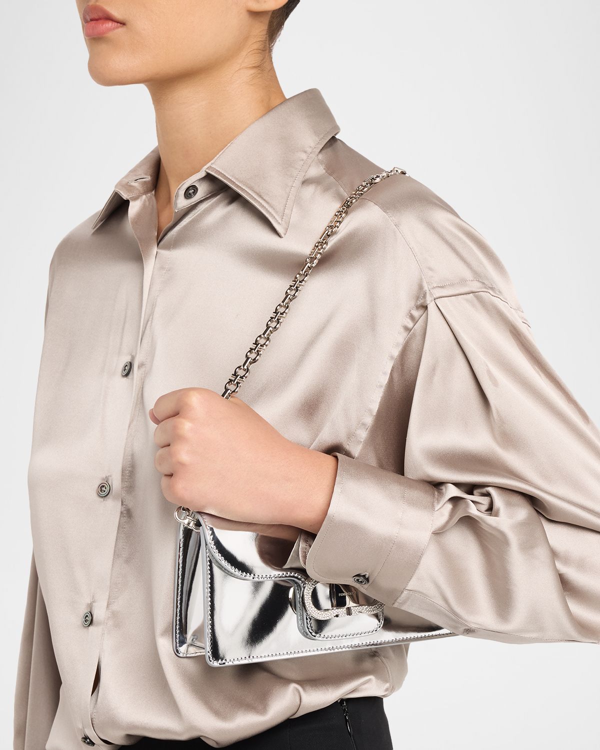 Ferragamo Laminated Leather Rhinestone Gancini Shoulder Bag