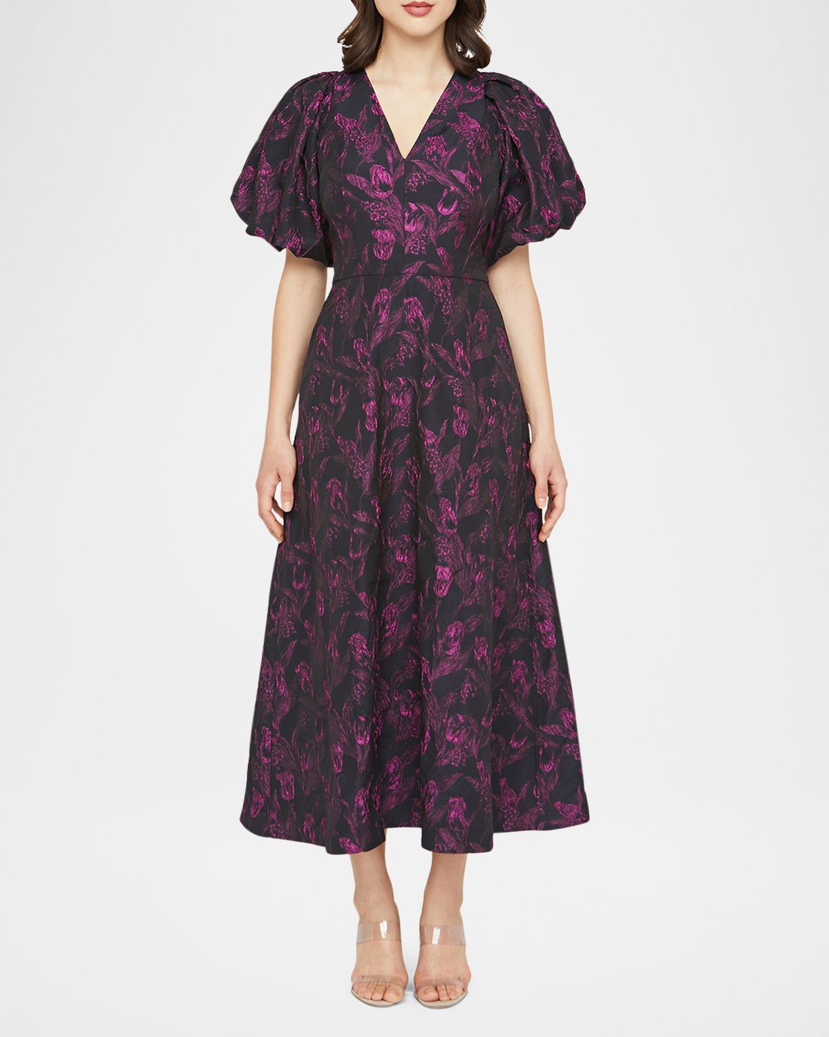 Kay Unger New York Grace Blouson-Sleeve Floral Jacquard Midi Dress | Thumbnail 5 Kay Unger New York Grace Blouson-Sleeve Floral Jacquard Midi Dress | Thumbnail 5