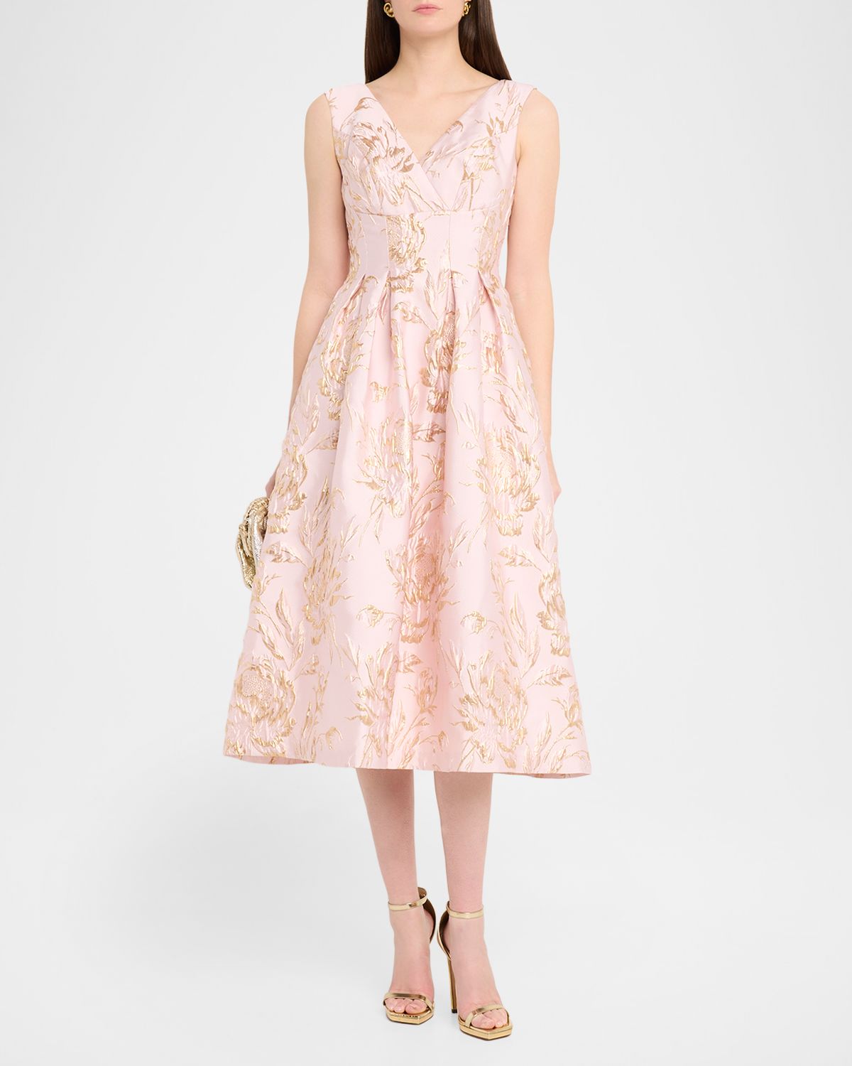 Kay Unger New York Saylor Pleated Floral Jacquard Midi Dress