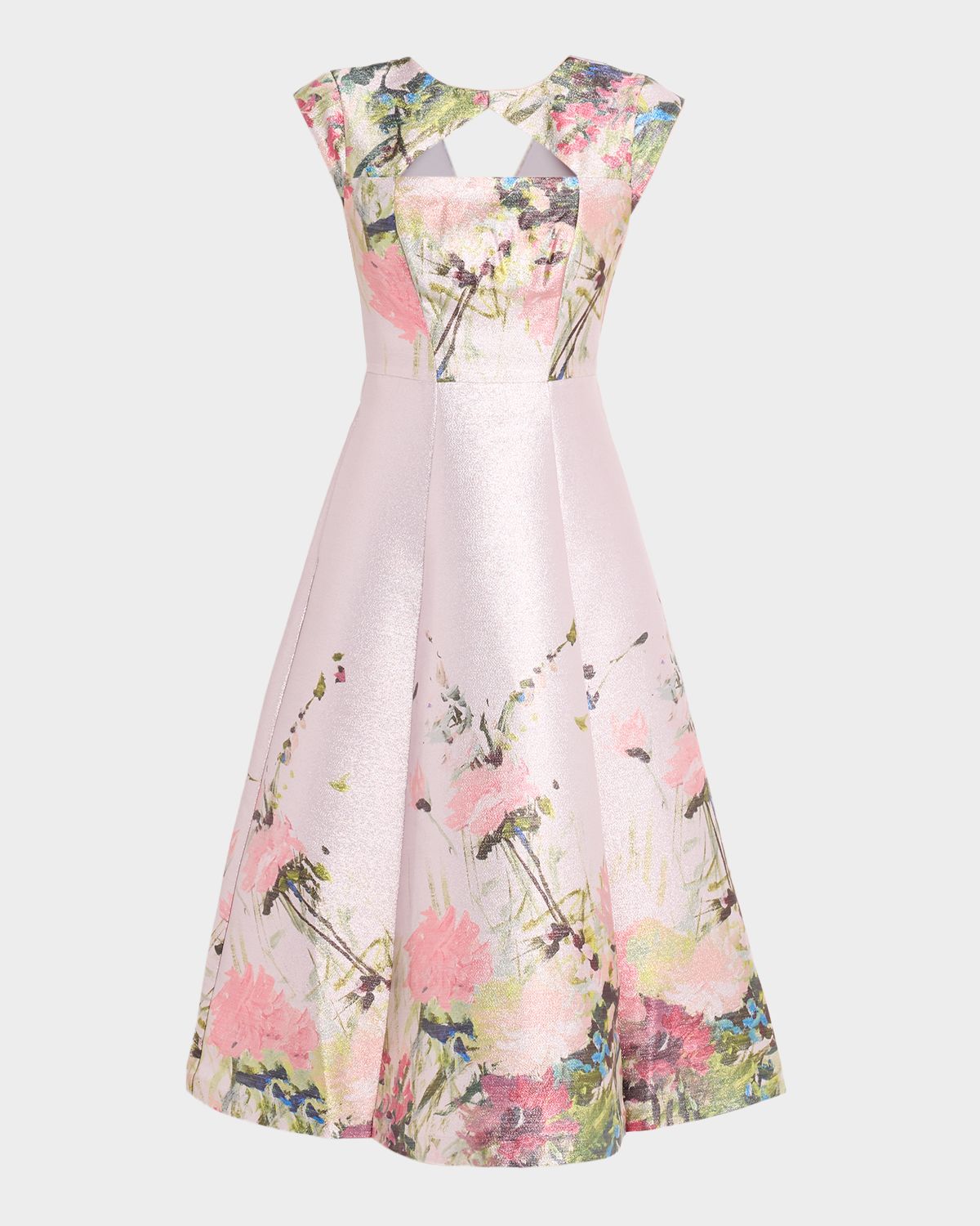 Kay Unger New York Augusta Floral-Print Metallic Mikado Midi Dress