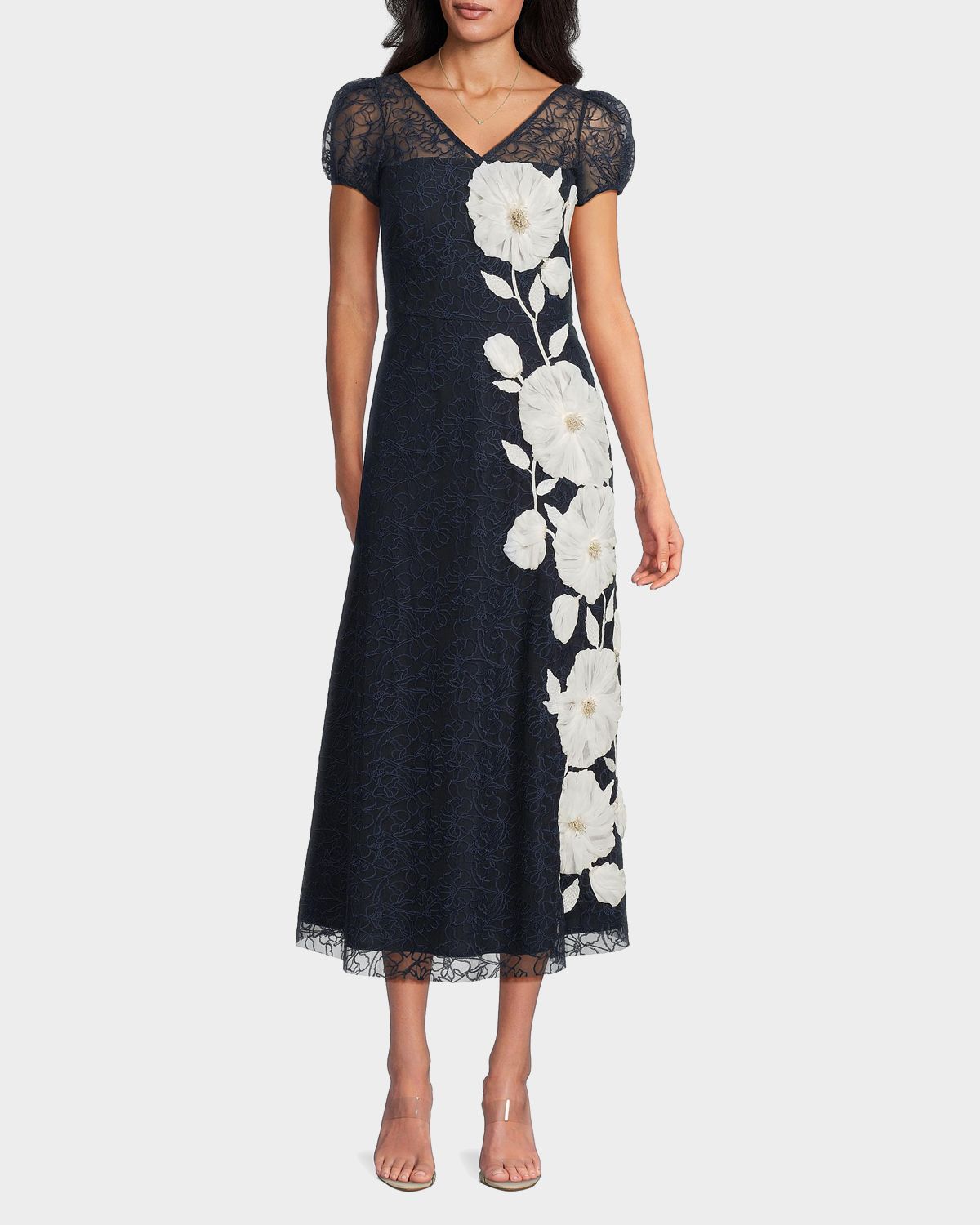 Kay Unger New York Layla Puff-Sleeve Floral Applique Midi Dress | Thumbnail 6 Kay Unger New York Layla Puff-Sleeve Floral Applique Midi Dress | Thumbnail 6