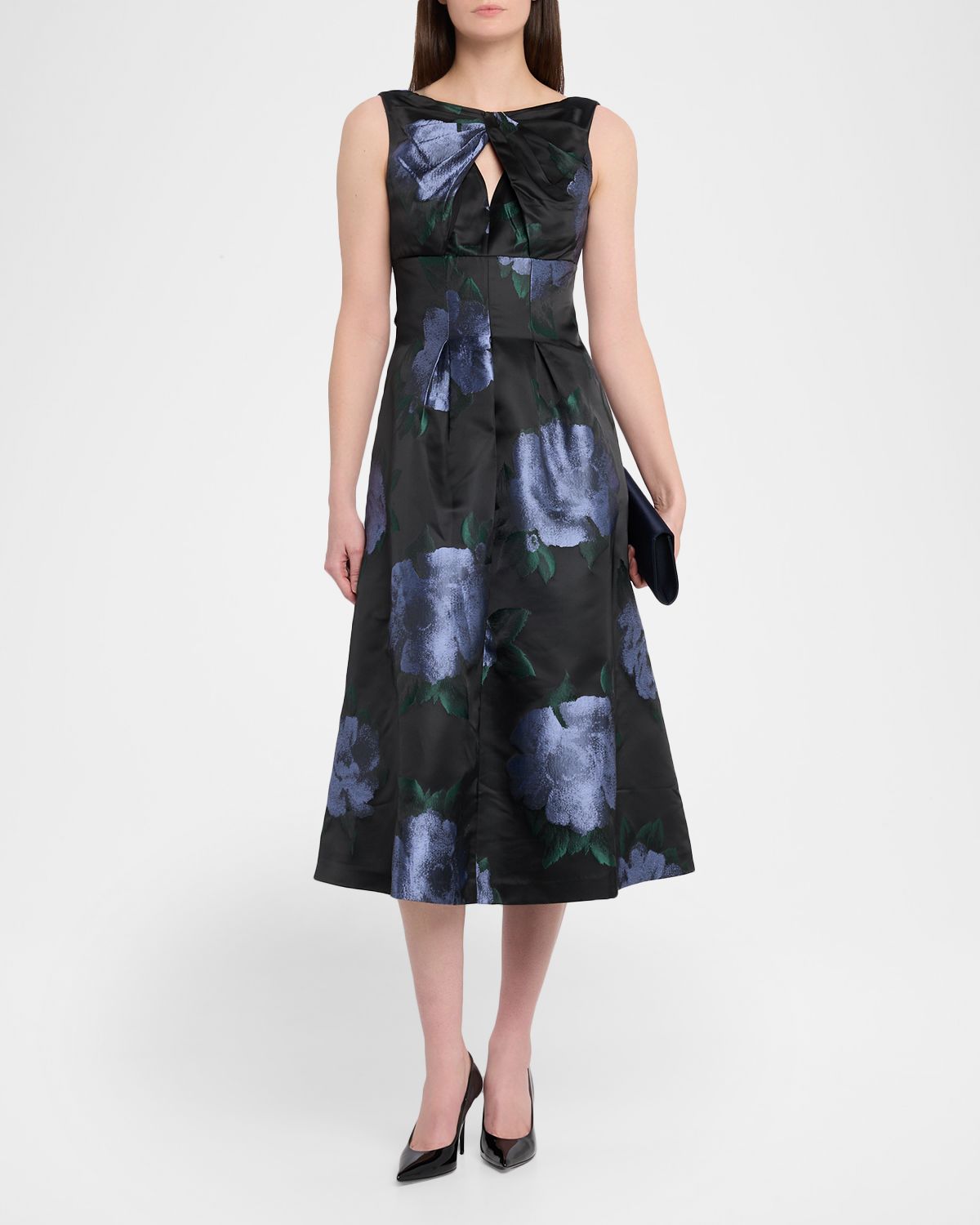 Kay Unger New York Mia Pleated Floral-Print Cutout Midi Dress