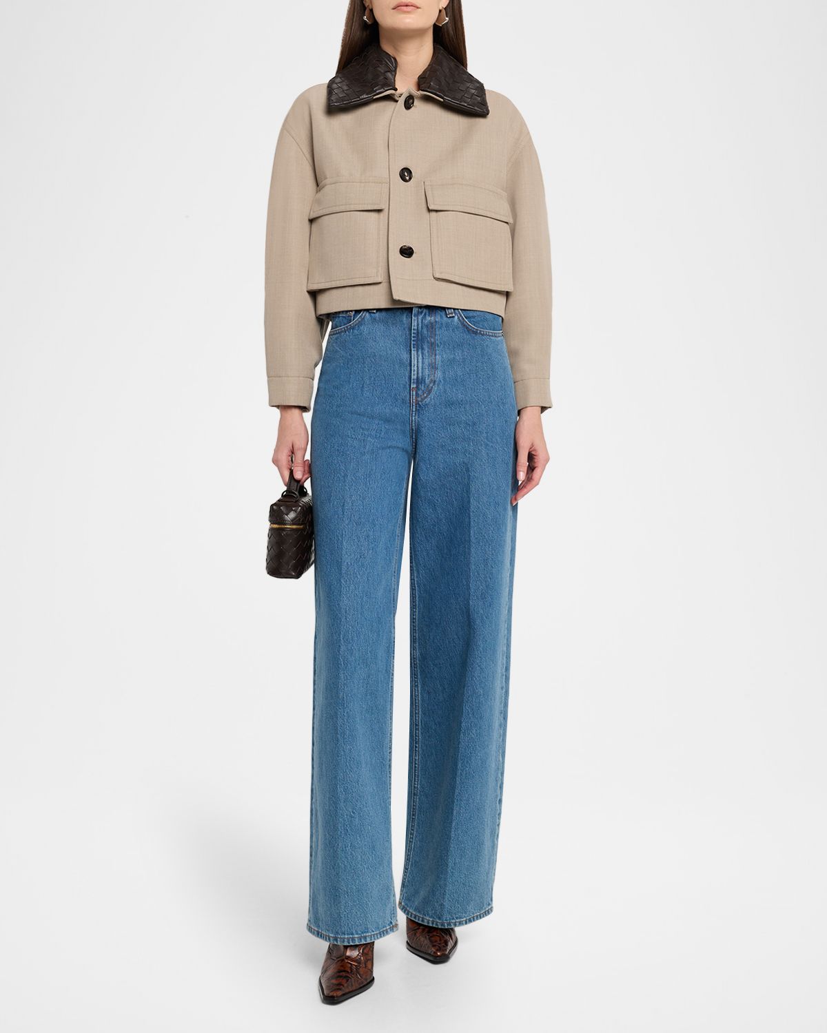 Bottega Veneta Intercciato Leather-Collar Crop Barn Jacket