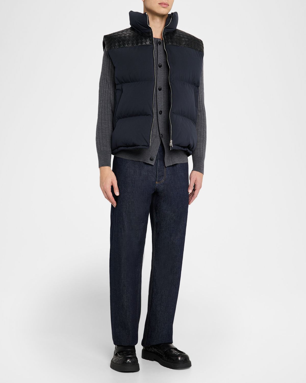 Bottega Veneta Men 's Tech Puffer Vest with Intrecciato Leather Detail