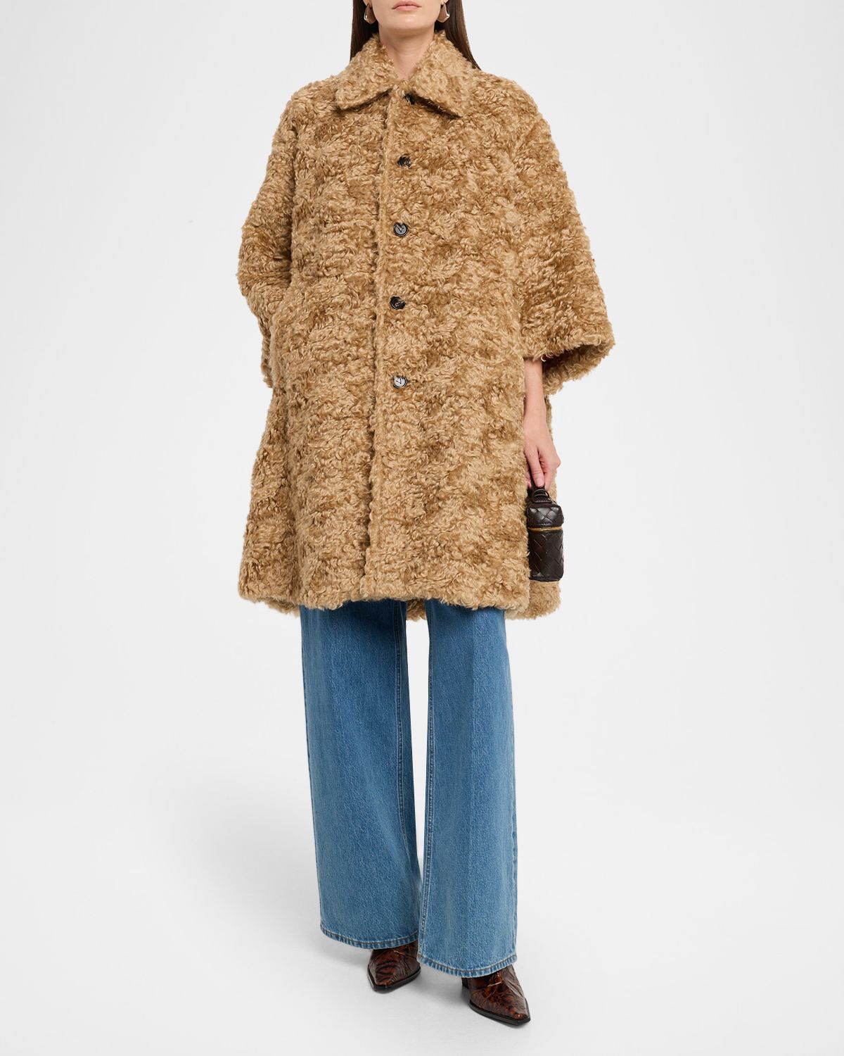 Bottega Veneta Curly Sheep Shearling Bracelet-Sleeve Coat