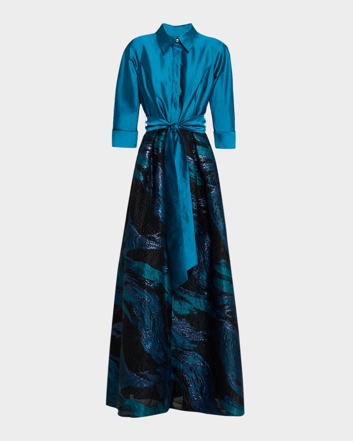 Rickie Freeman for Teri Jon Taffeta Feather-Patterned Shirt Gown