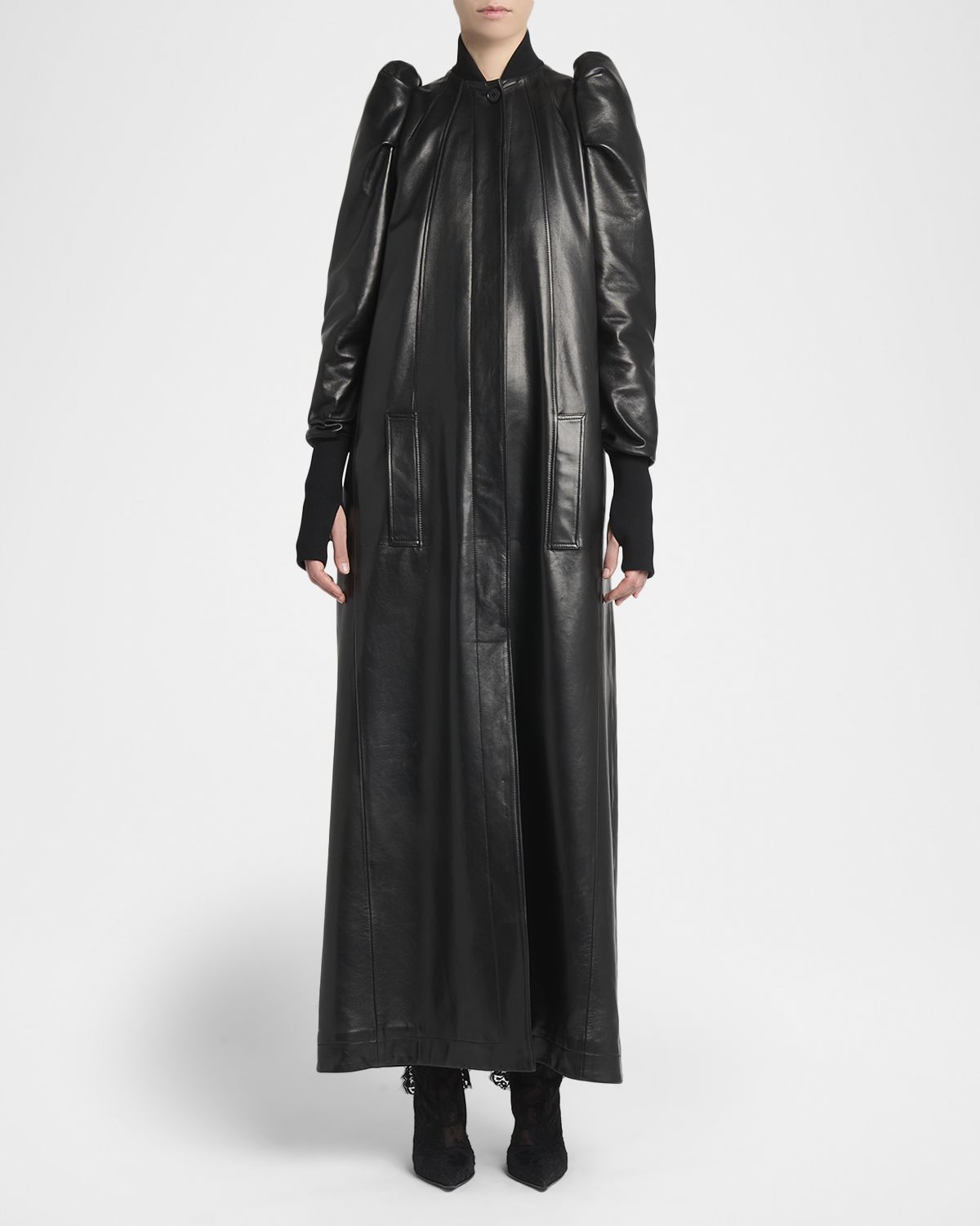 McQueen Structured Puff-Sleeve Long Leather Coat