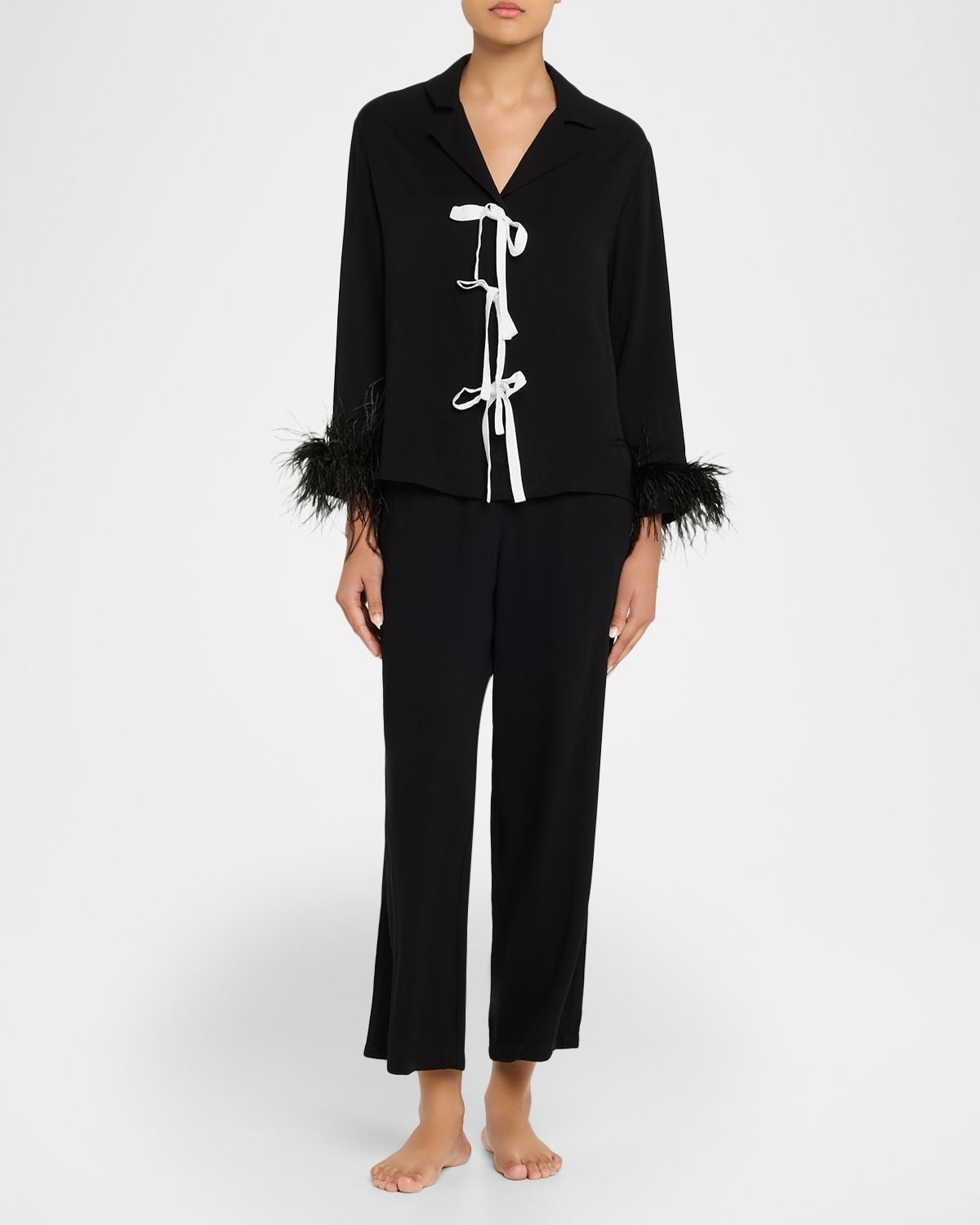 Sleeper Cropped Feather-Cuff Viscose Pajama Set | Thumbnail 5