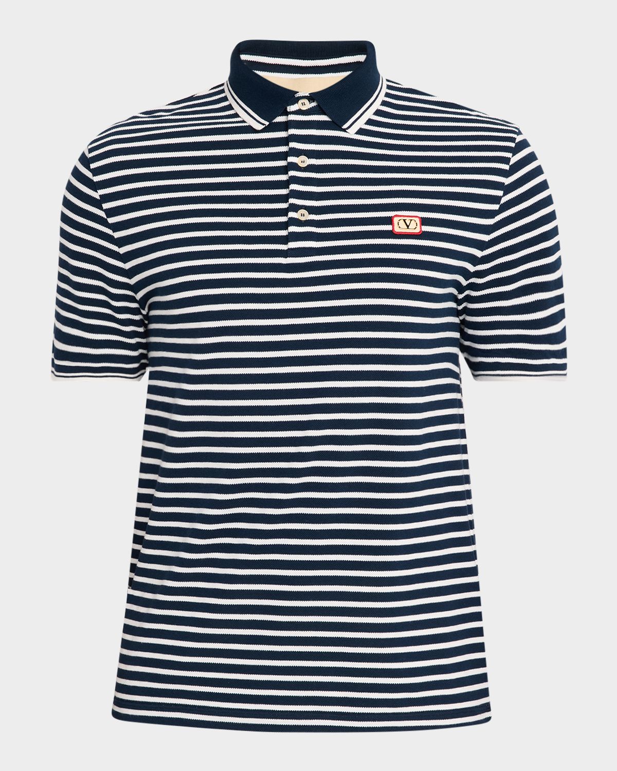 Valentino Garavani Men 's Stripe Cotton Pique Polo Shirt with VLogo Patch