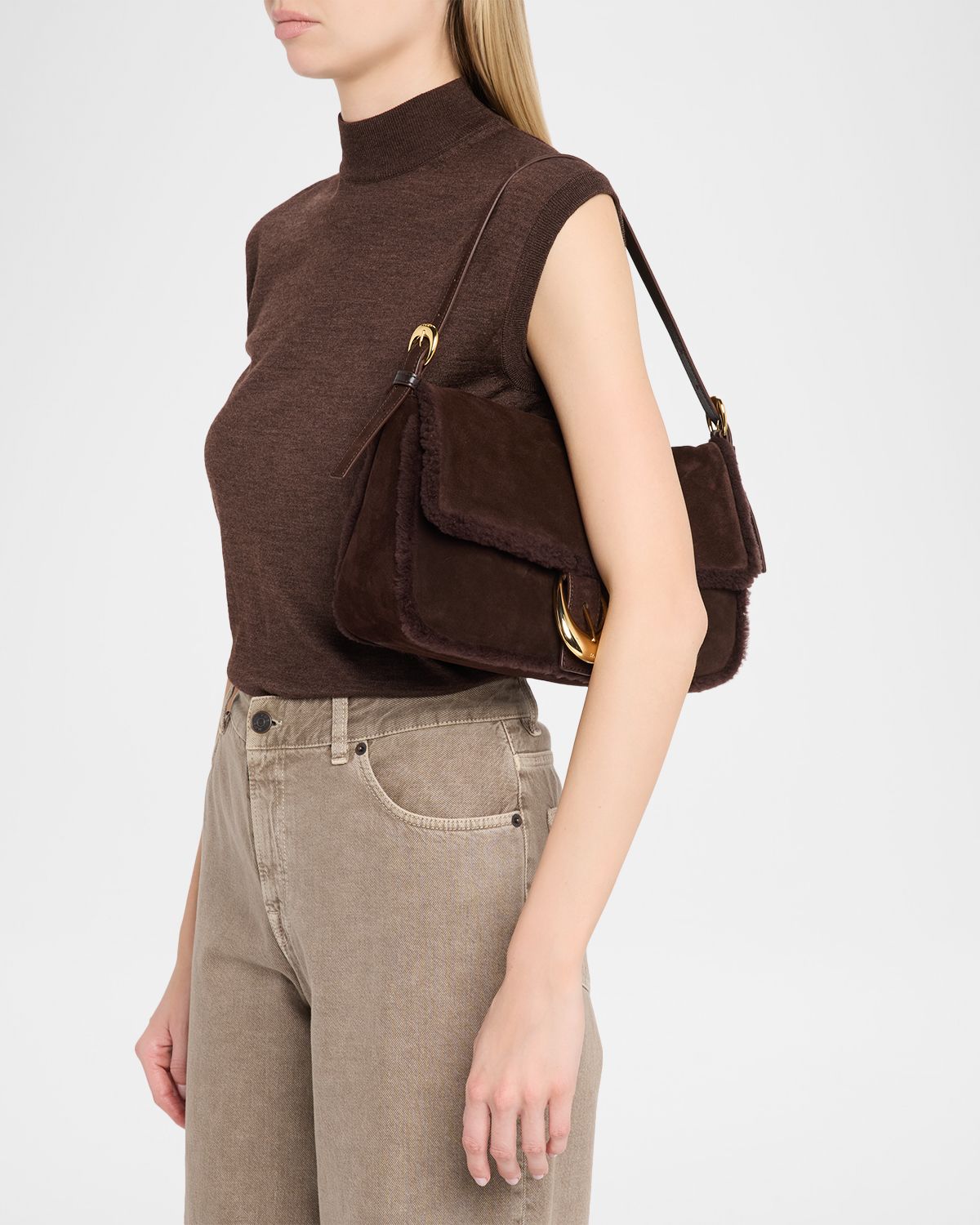 STAUD Harlow Medium Shearling-Trim Suede Shoulder Bag