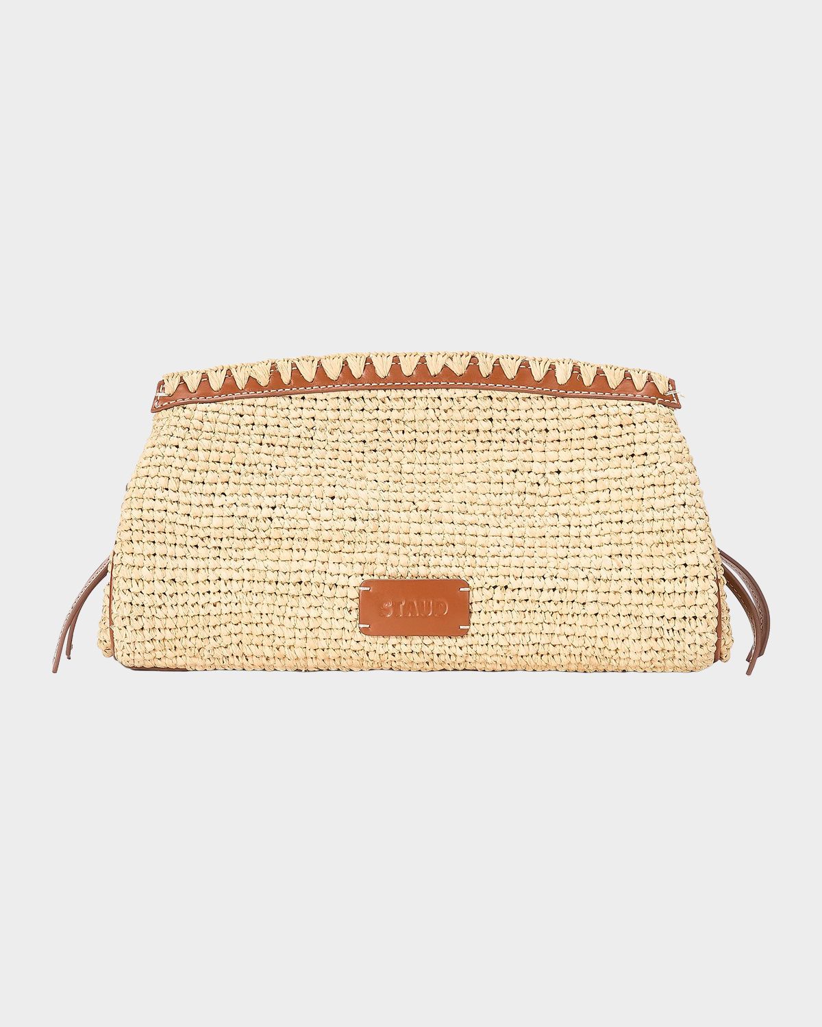 STAUD Maude Leather-Trim Raffia Clutch Bag