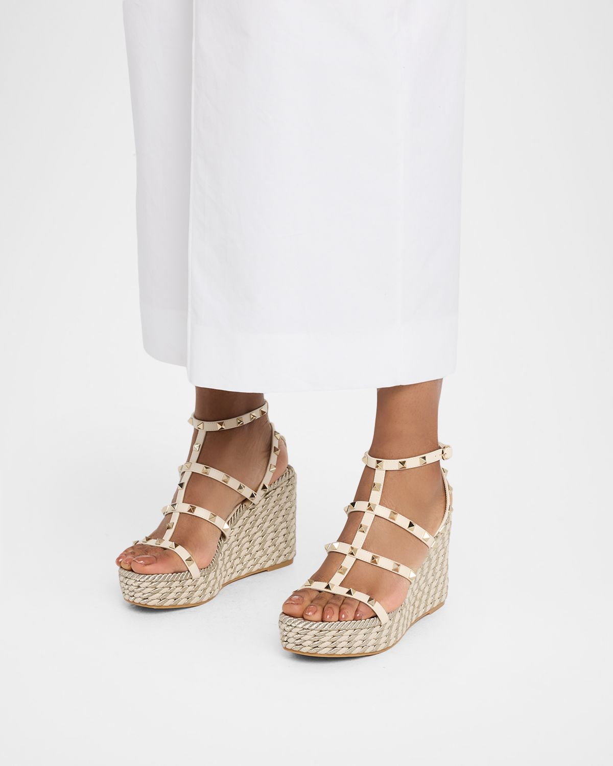 Valentino Garavani 95mm Rockstud Leather Wedge Espadrille Sandals