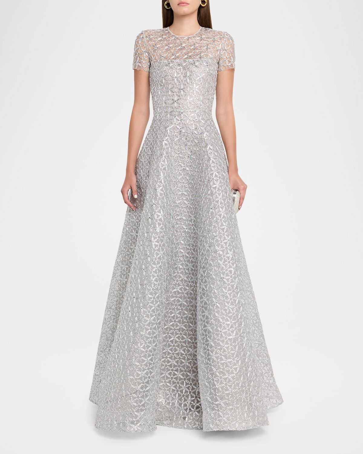 Naeem Khan Metallic Raffia Embroidered Short-Sleeve Gown | Thumbnail 5 Naeem Khan Metallic Raffia Embroidered Short-Sleeve Gown | Thumbnail 5