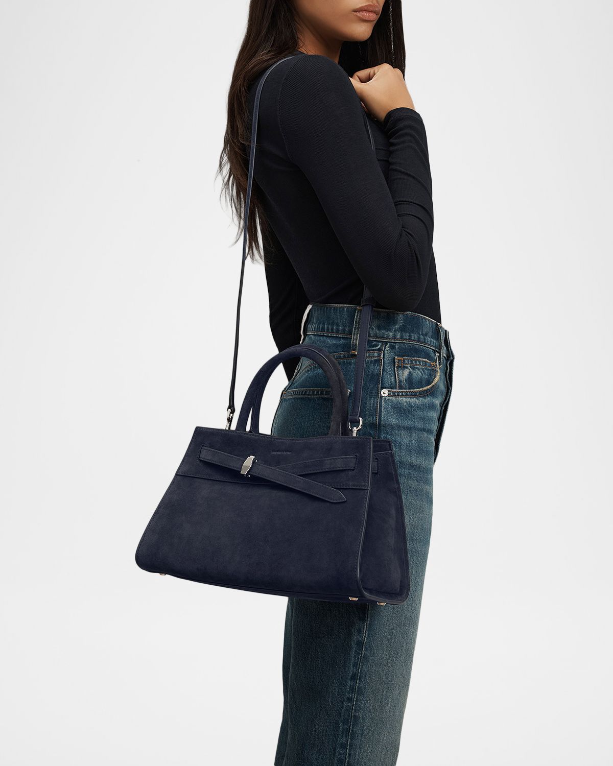 Veronica Beard Dash Belted Suede Top-Handle Bag