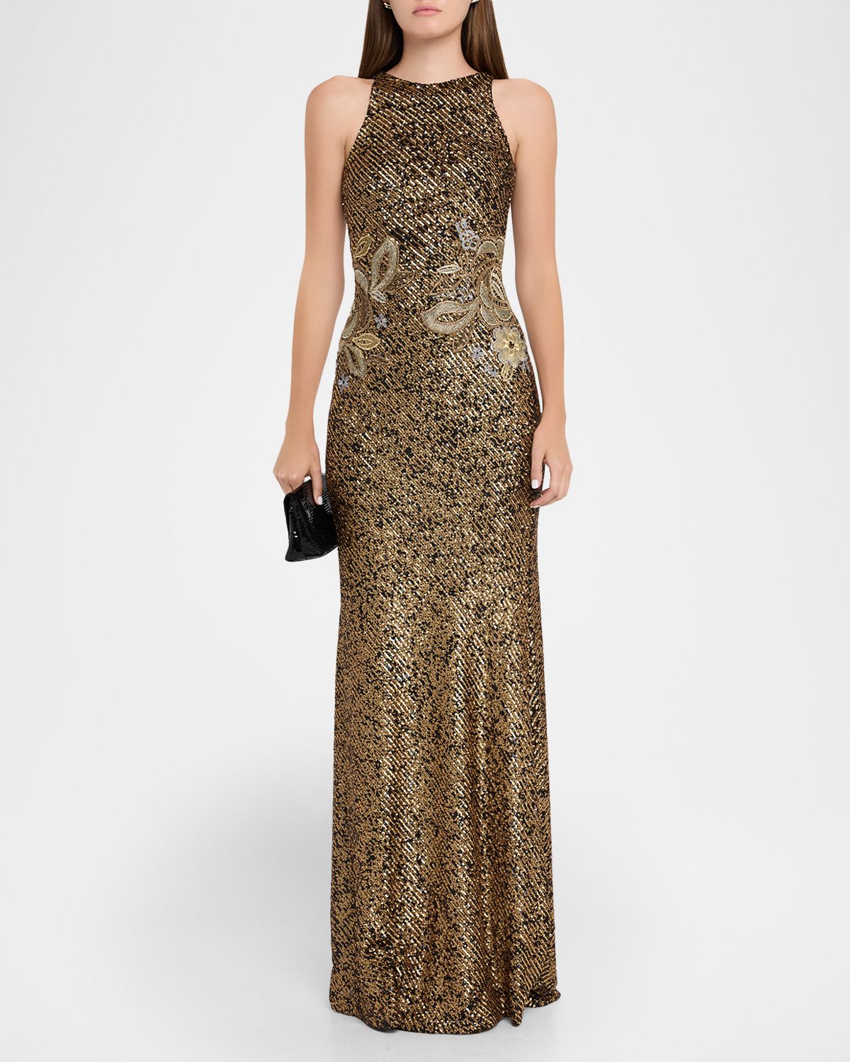 Naeem Khan Metallic Sequined Floral Halter Gown