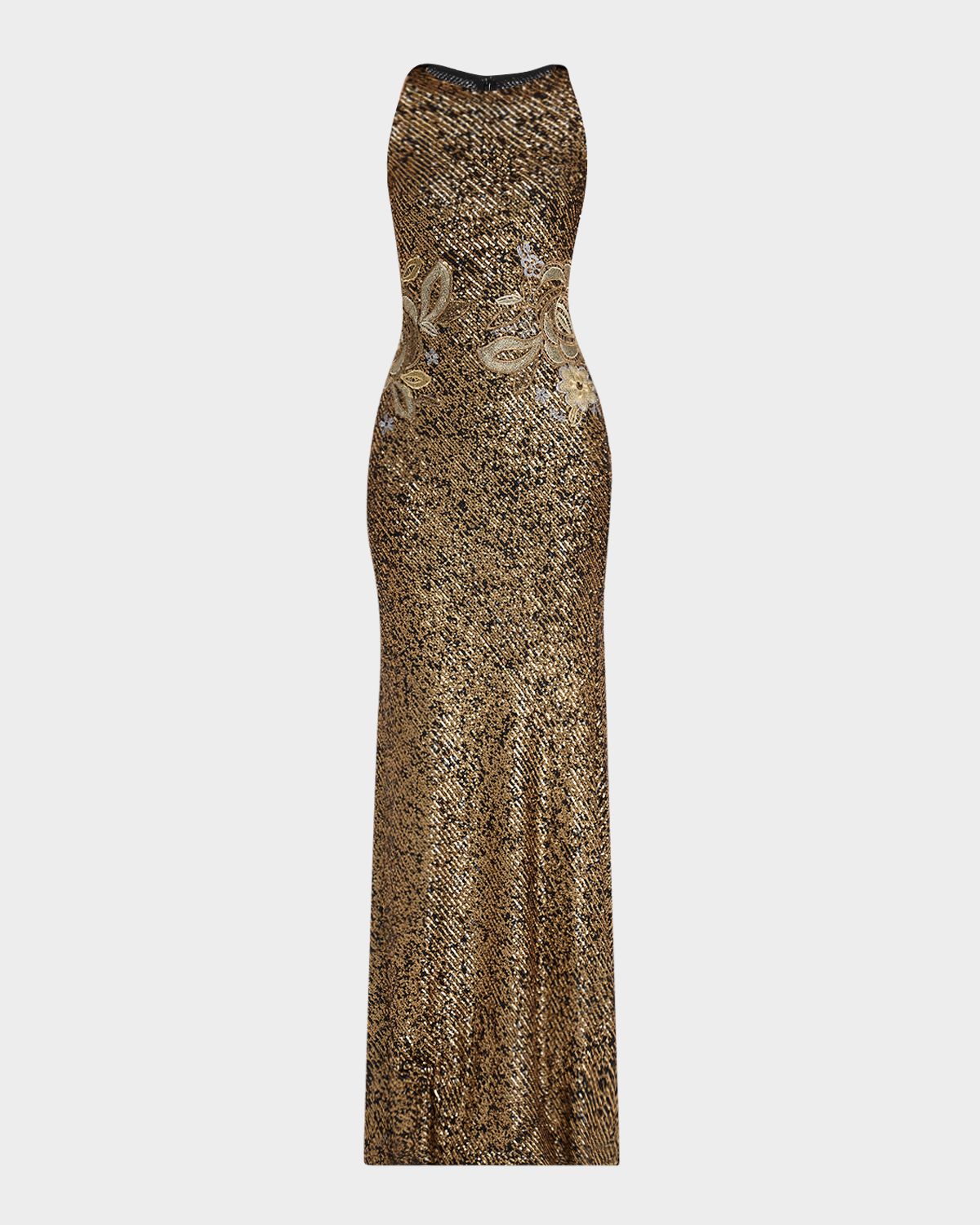 Naeem Khan Metallic Sequined Floral Halter Gown