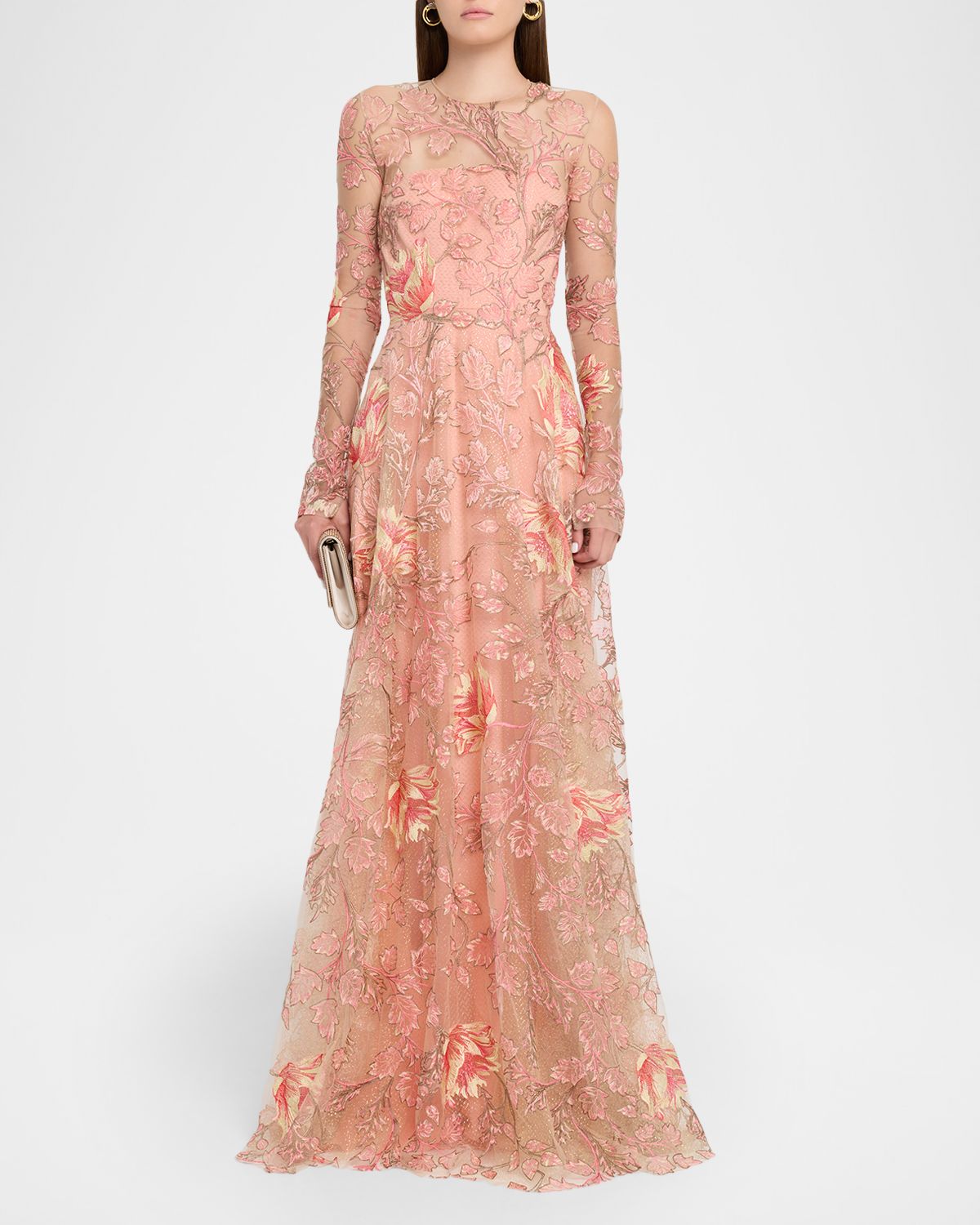 Naeem Khan Metallic Floral Embroidered Long-Sleeve Illusion Gown | Thumbnail 5 Naeem Khan Metallic Floral Embroidered Long-Sleeve Illusion Gown | Thumbnail 5