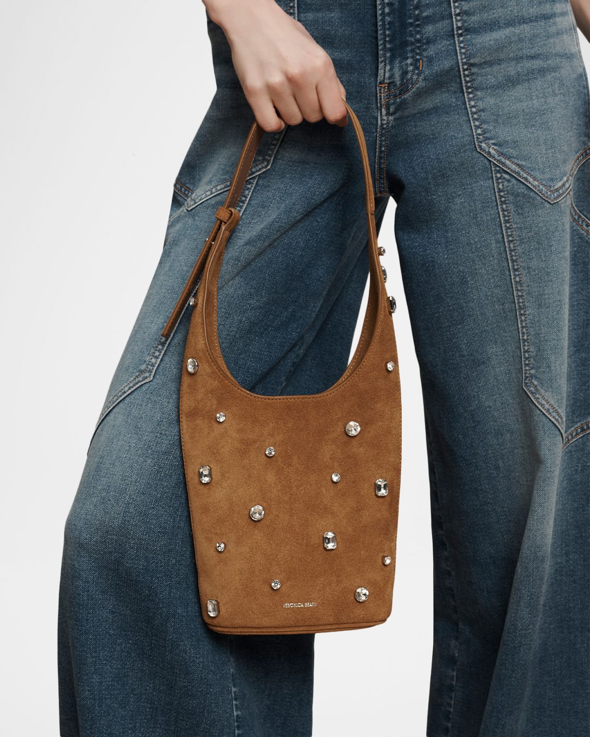 Veronica Beard Loop Small Crystal-Studded Suede Shoulder Bag