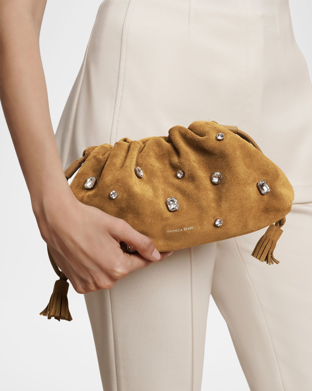 Veronica Beard Small Crystal-Studded Suede Clutch Bag
