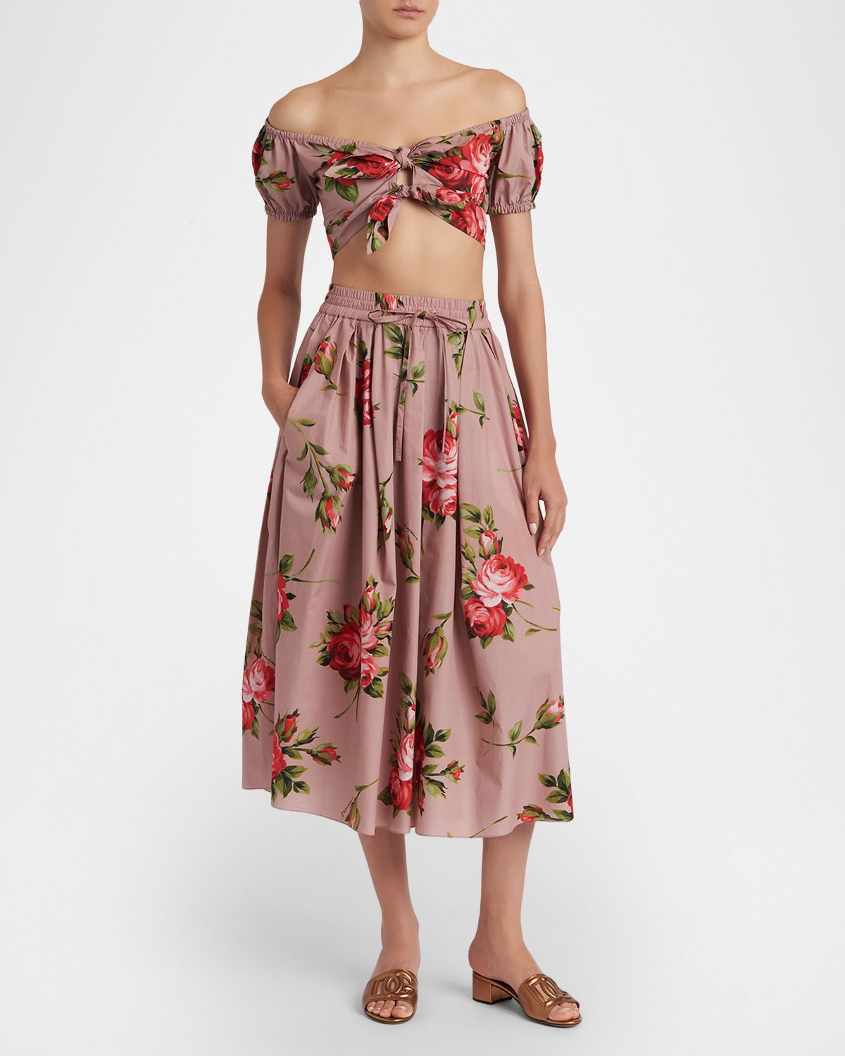 Dolce & Gabbana Rose-Print Cotton Circle Midi Skirt