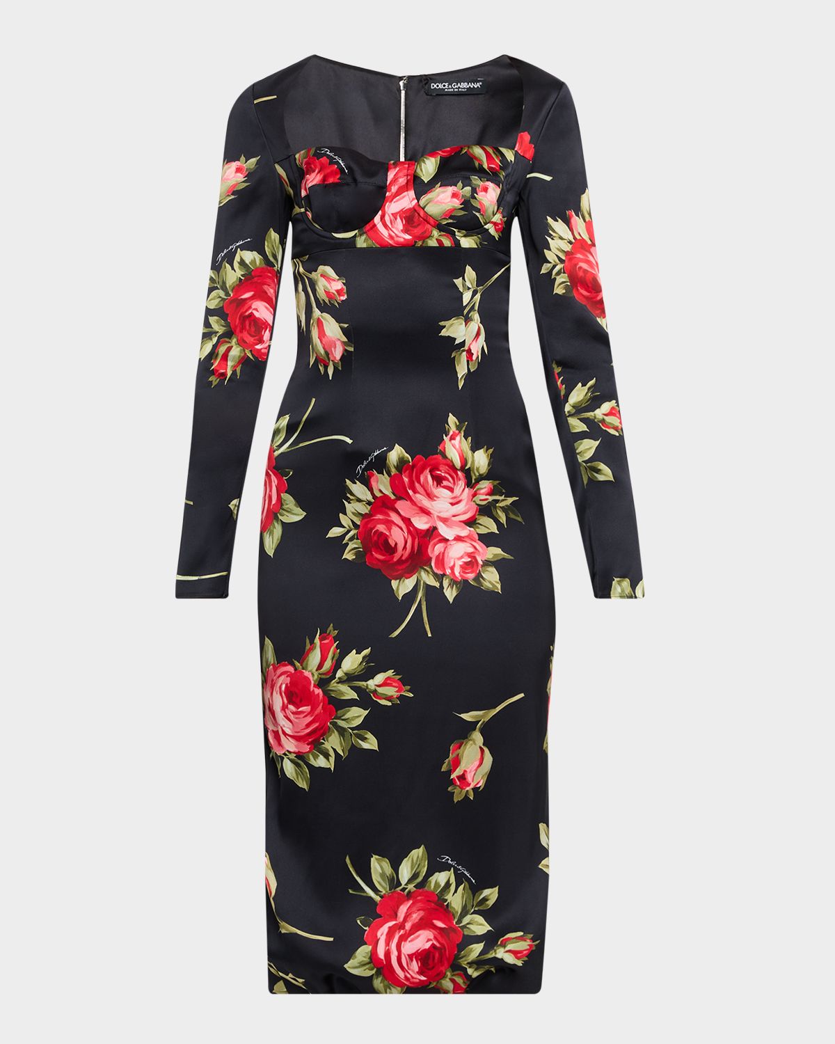 Dolce & Gabbana Rose-Print Satin Long-Sleeve Midi Dress