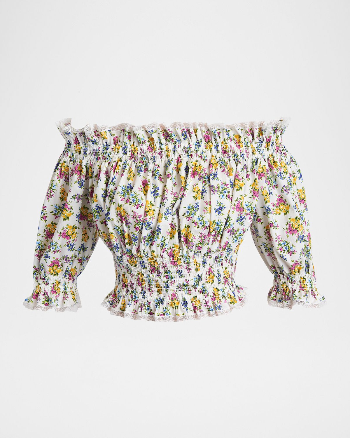 Dolce & Gabbana Off-Shoulder Smocked Floral Cotton Crop Top
