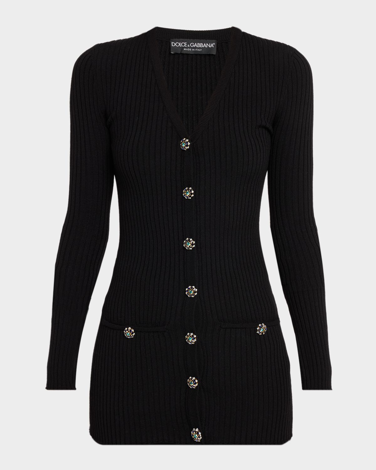 Dolce & Gabbana Crystal-Button Slim Wool Rib V-Neck Cardigan